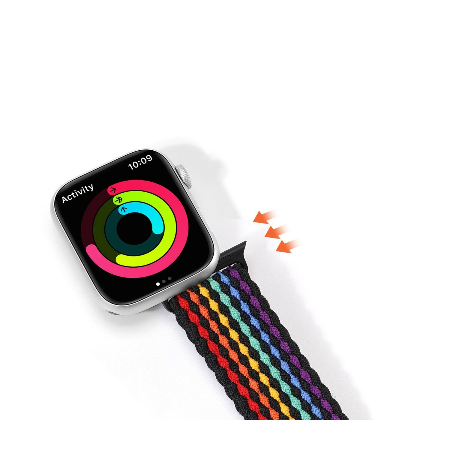 Apple Watch mit Regenbogenarmband. Zifferblatt zeigt Aktivitätsringe. Pfeile zeigen Entfernung des Armbands.