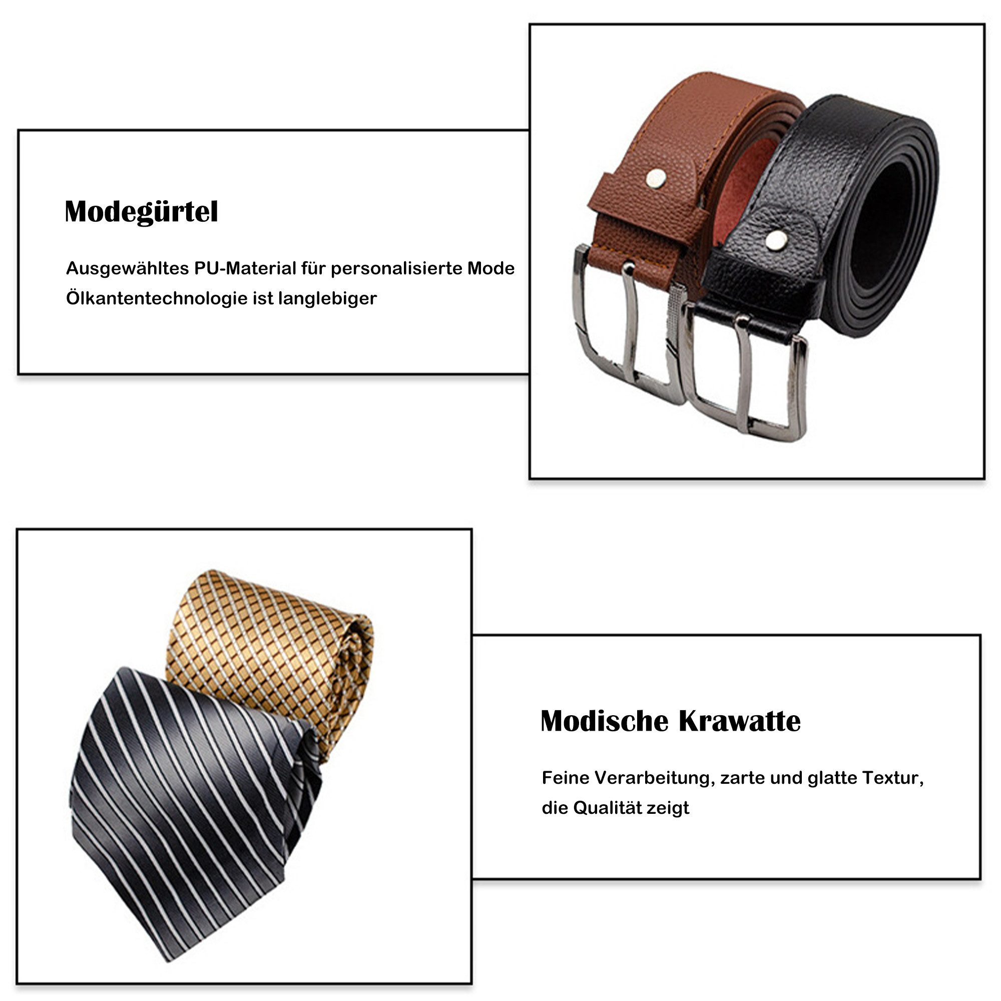 Braune und schwarze Gürtel sowie zwei Krawatten mit verschiedenen Mustern.