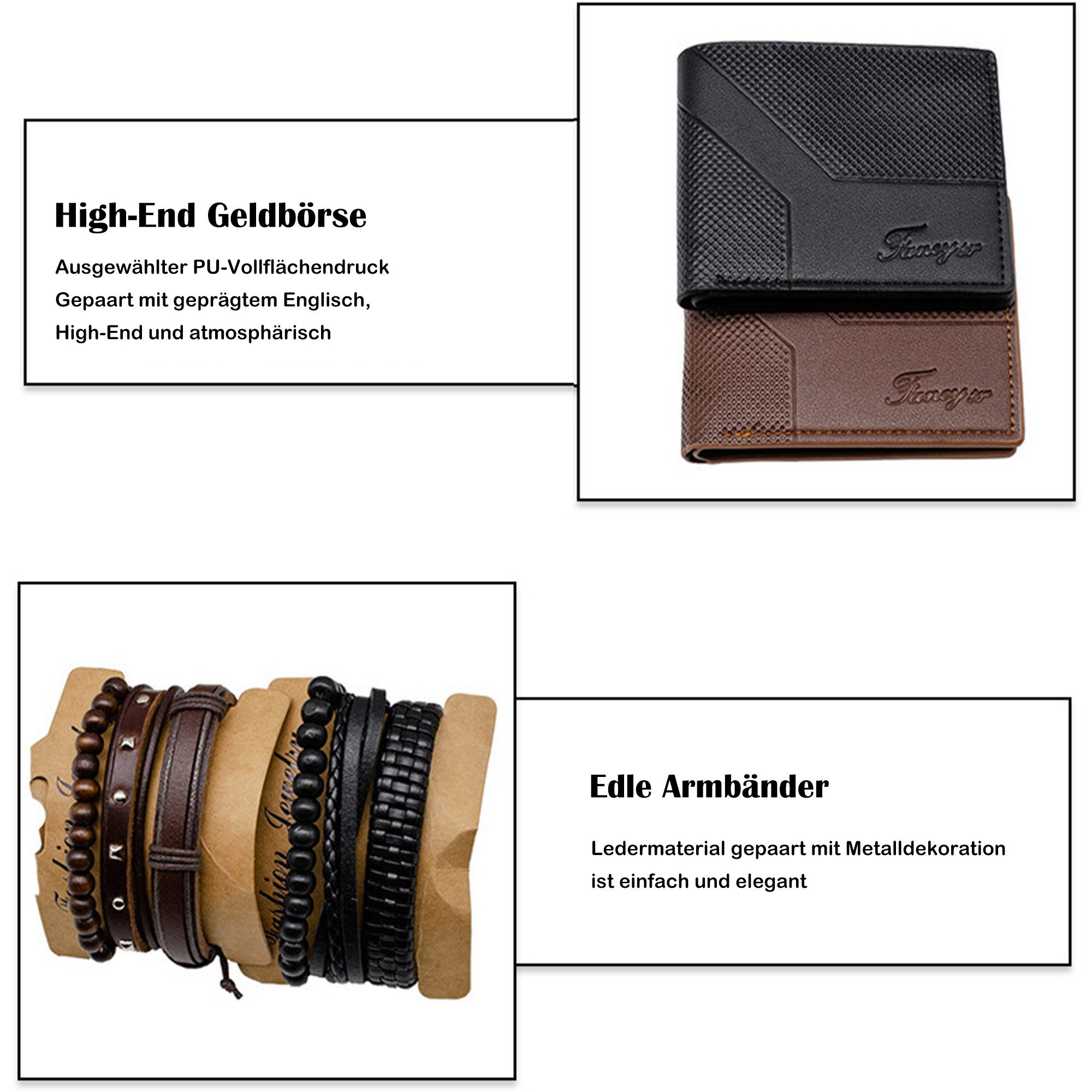 Hochwertige Geldbörsen und Lederarmbänder in der Auslage. Textlabels vorhanden.
