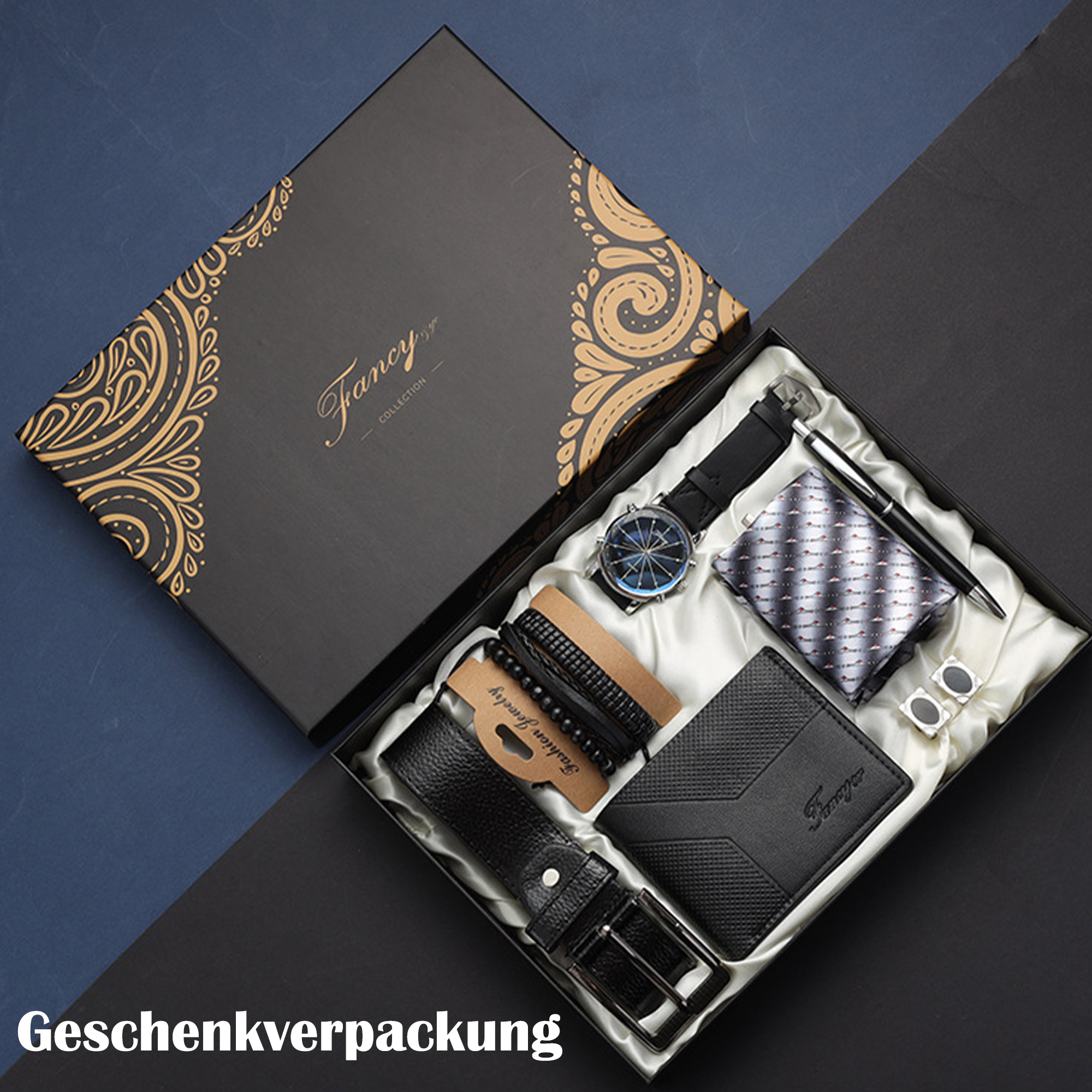 Eine Geschenkbox gefüllt mit Uhr, Geldbörse, Stift, Armband, Manschettenknöpfen und Krawatte.