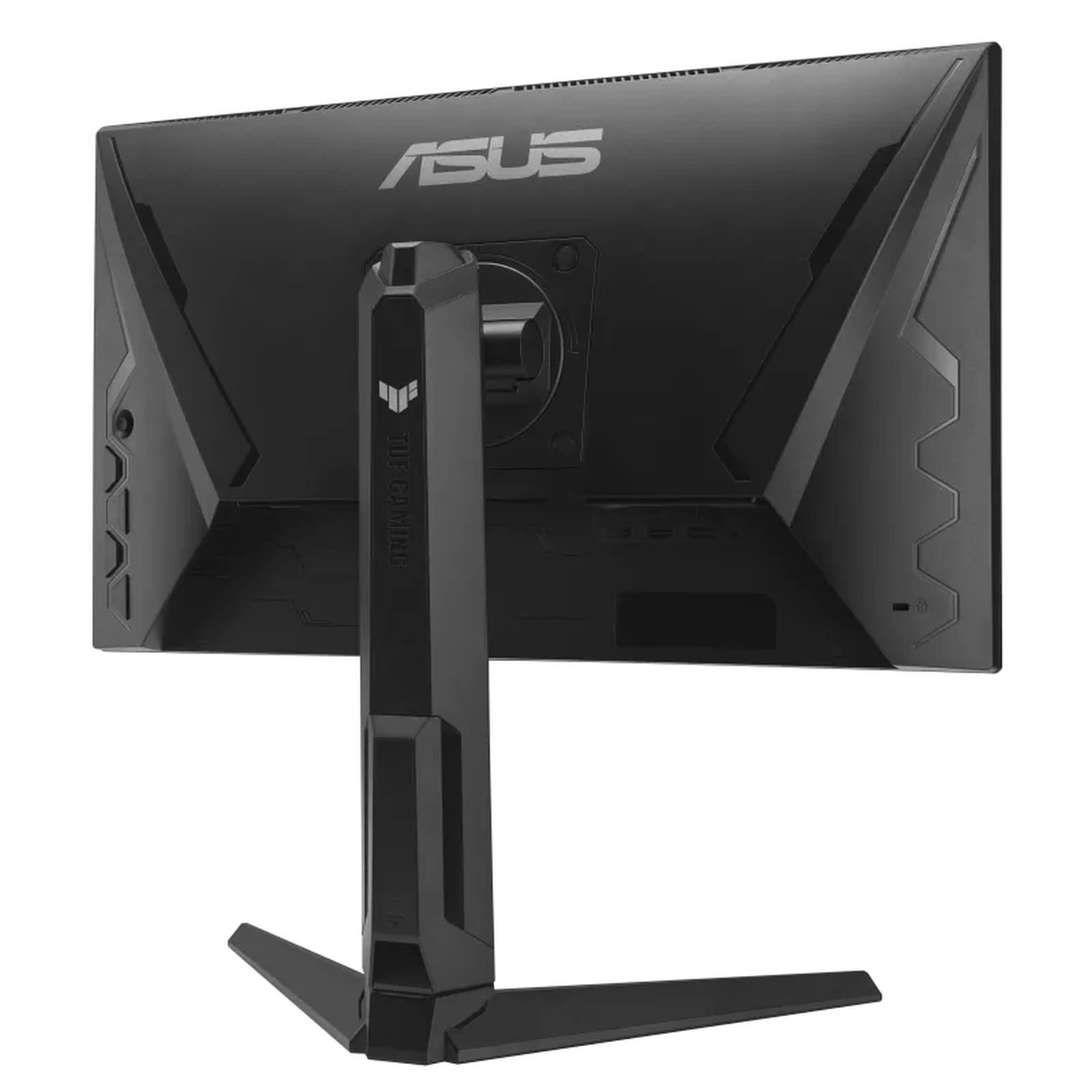 Back view of a black computer monitor with the ASUS logo and a stand.