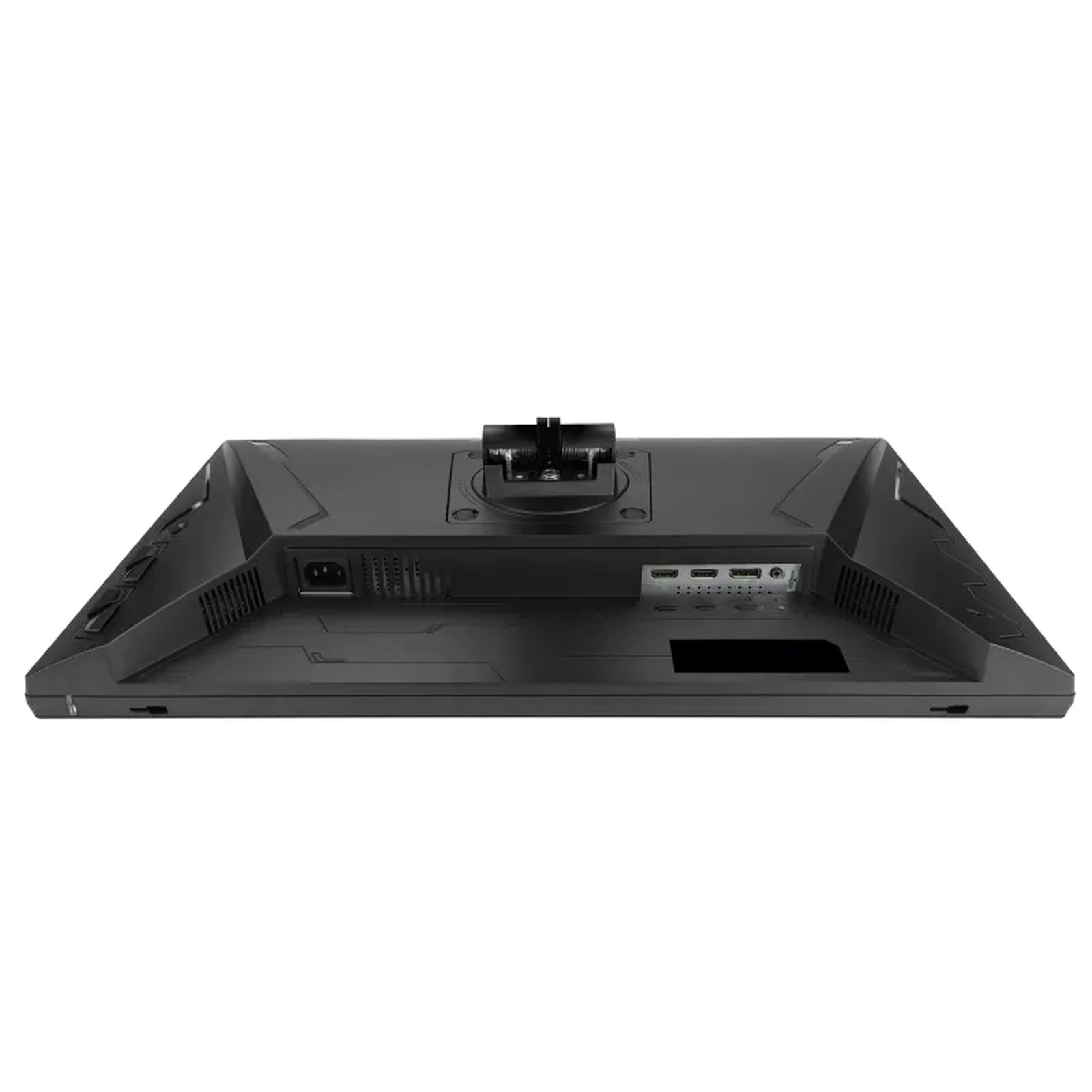 Black computer monitor back with ports, power input, and stand mount. It is on a white background.