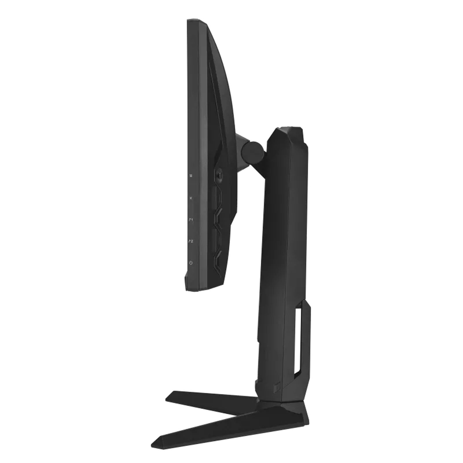 A black computer monitor is seen from the side, showing its thin profile.
