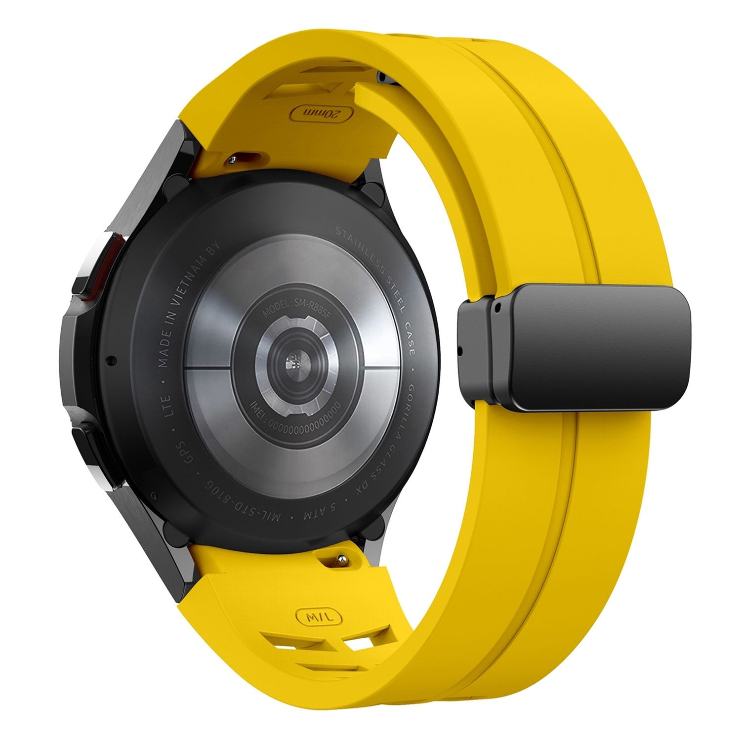 Gelbes Smartwatch-Armband mit schwarzem Zifferblatt, Rückseite der Uhr wird gezeigt.
