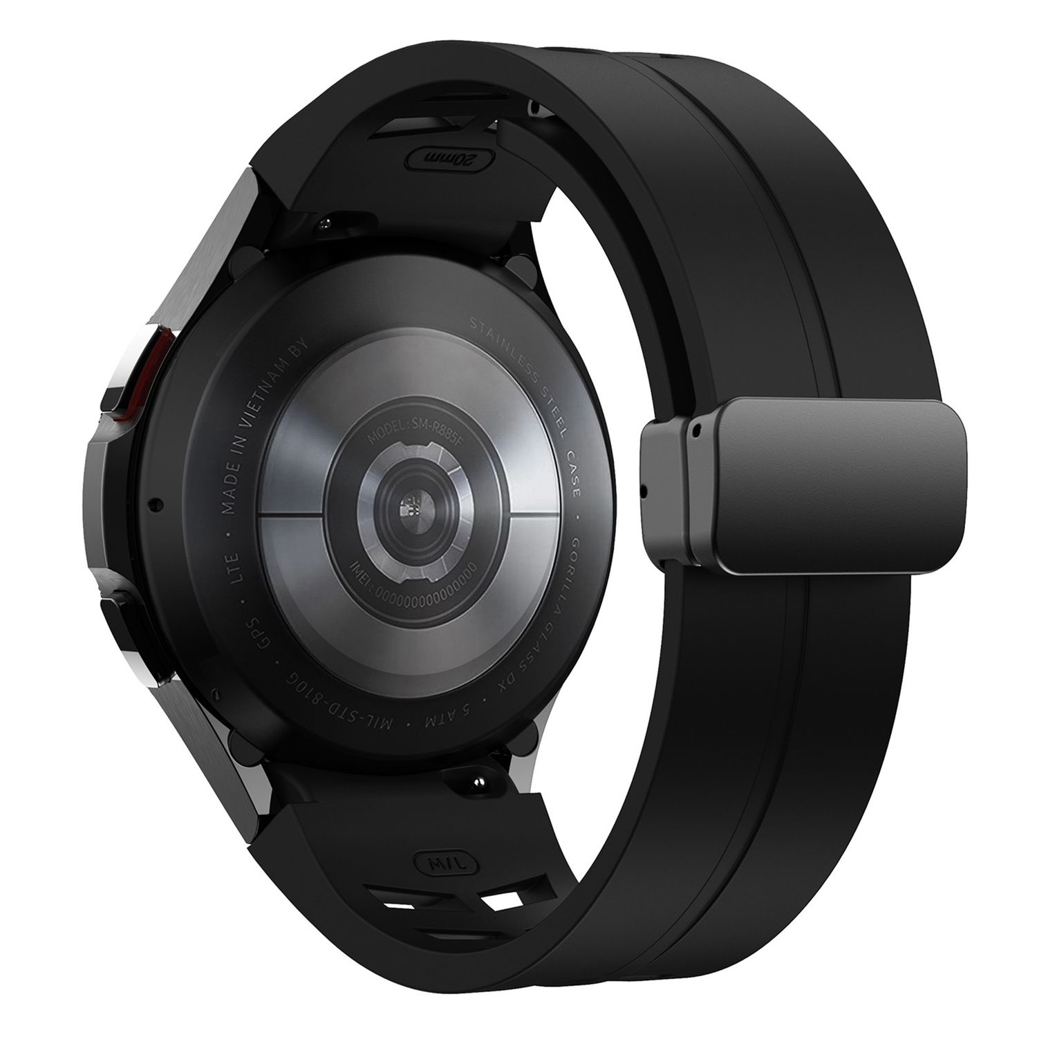 Schwarze Smartwatch, Detailansicht der Rückseite mit Text und schwarzem Band.