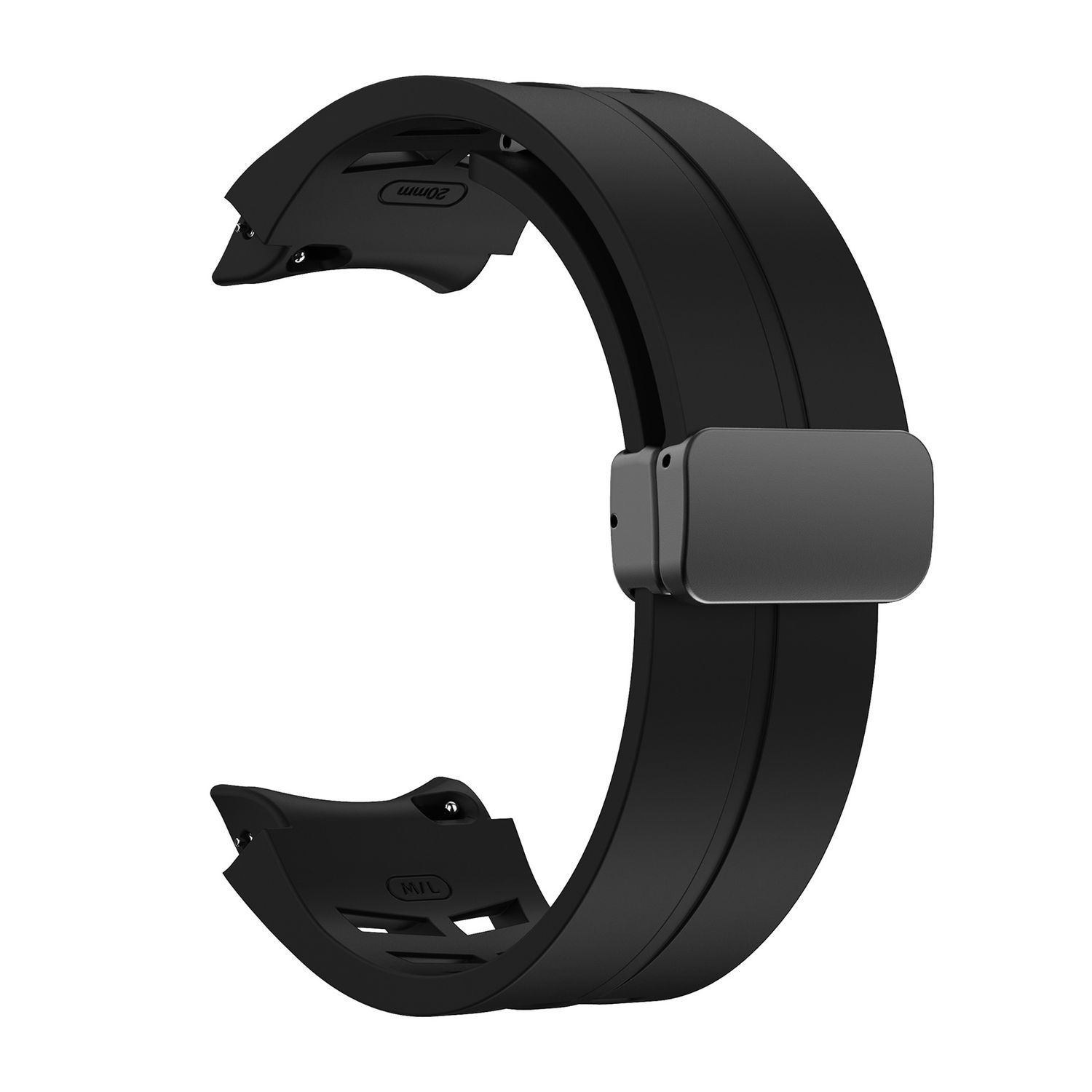 Ein schwarzes Gummi-Armband mit Schnalle auf weißem Hintergrund.
