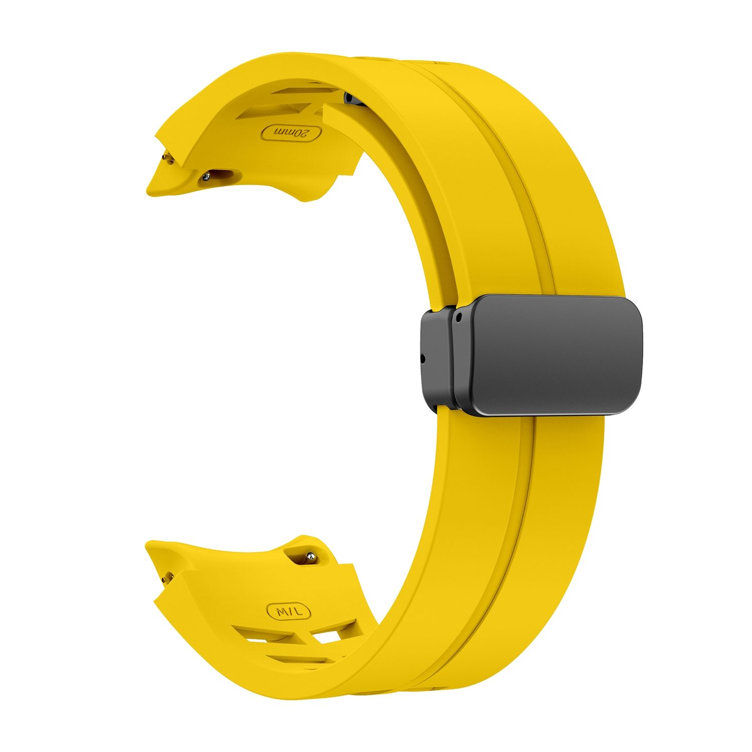 Gelbes Uhrenarmband mit schwarzem Verschluss. Gebogene Form.
