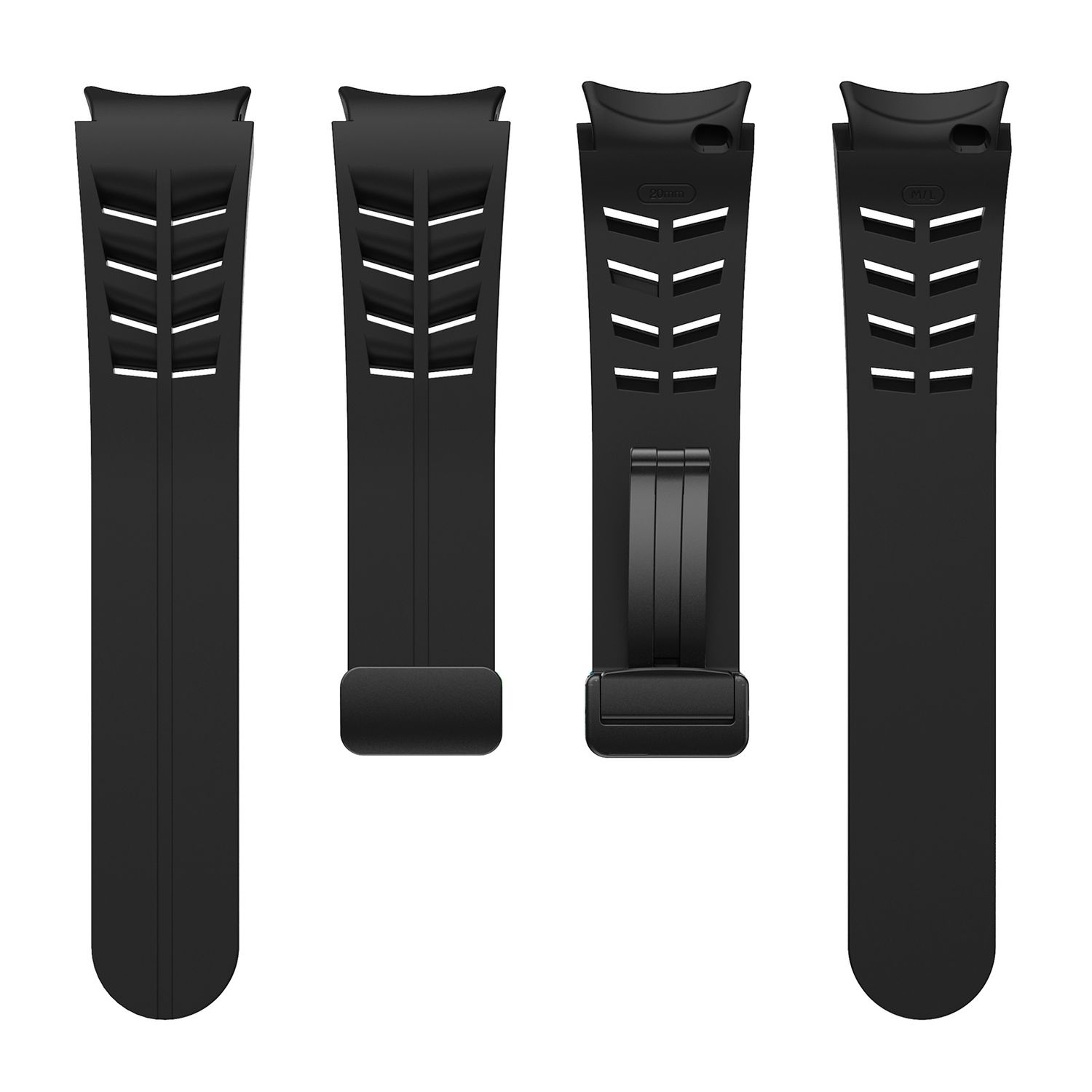 Vier schwarze Uhrenarmbänder mit modernem Design, abgewinkelt, um den Stil zu zeigen, vor weißem Hintergrund.