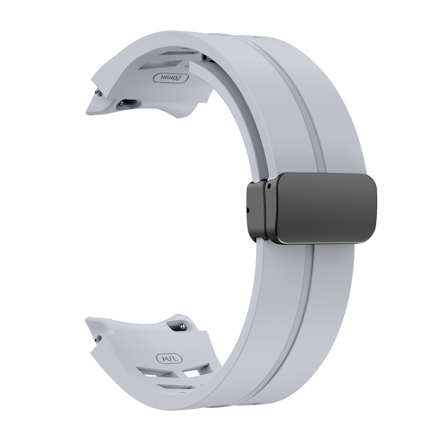 Ein hellgraues Uhrenarmband mit schwarzem Verschluss.