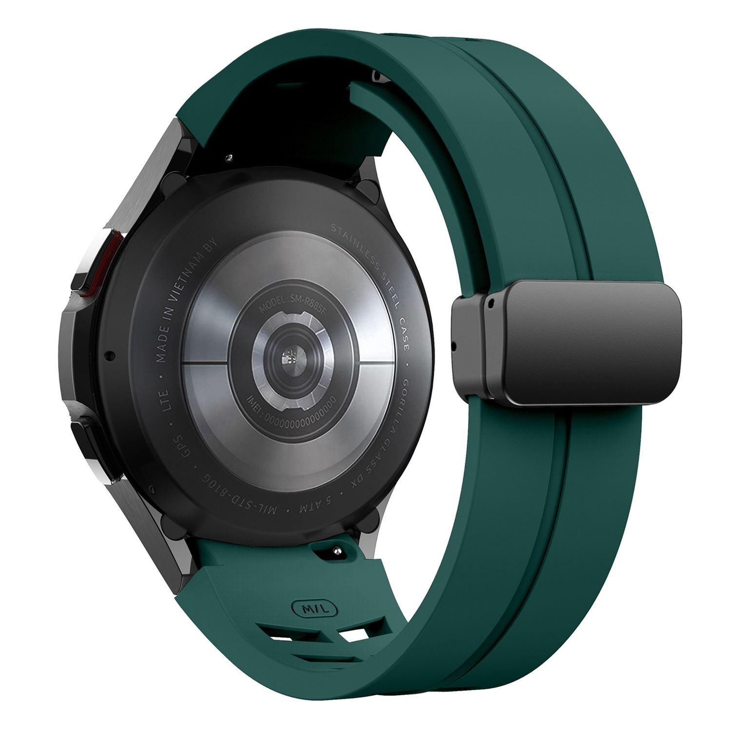 Rückseite der Smartwatch mit grünem Armband. Stahlgehäuse mit Details. Dunkler Hintergrund.
