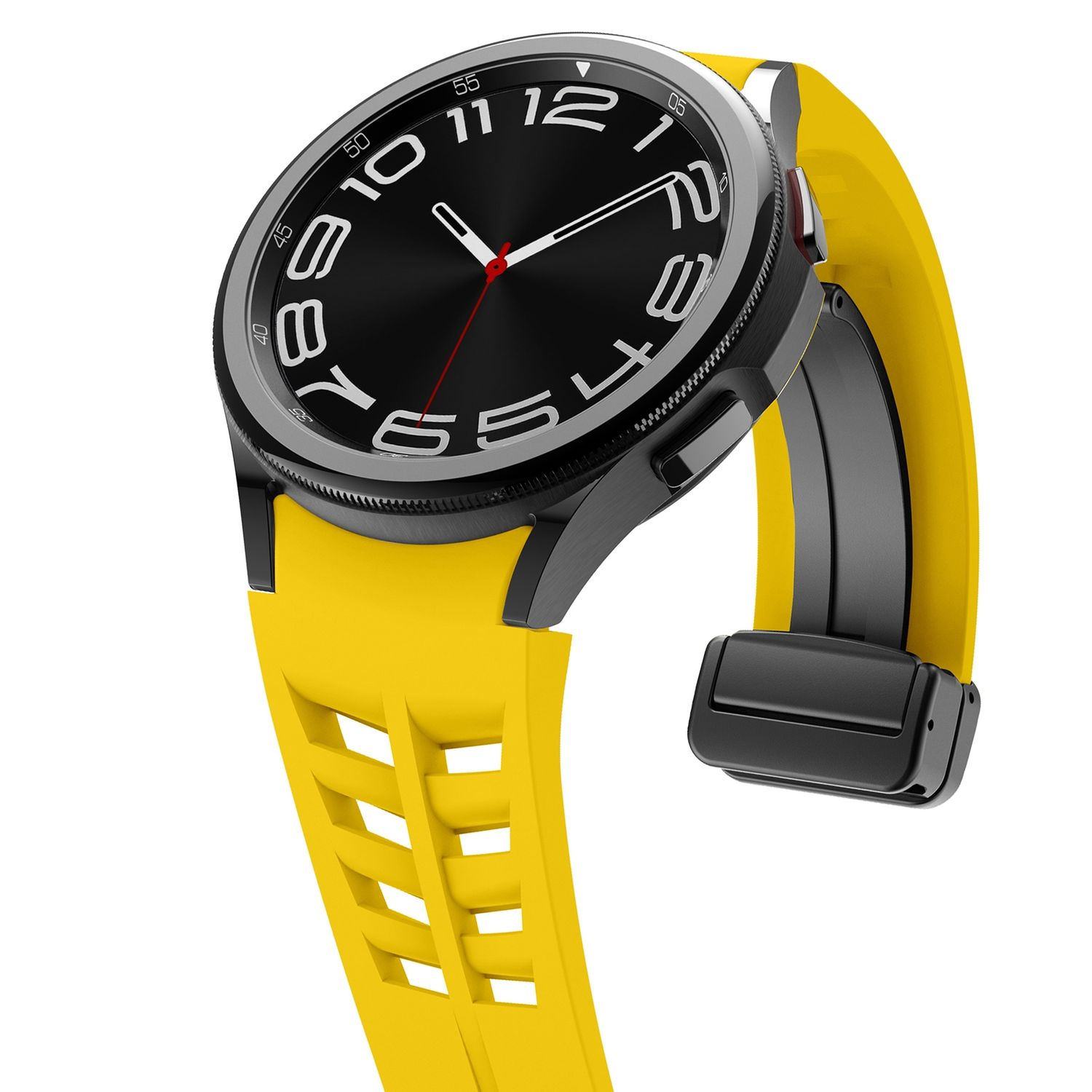 Eine gelbe Smartwatch mit schwarzem Zifferblatt und gelbem Armband. Das Armband ist sehr flexibel.