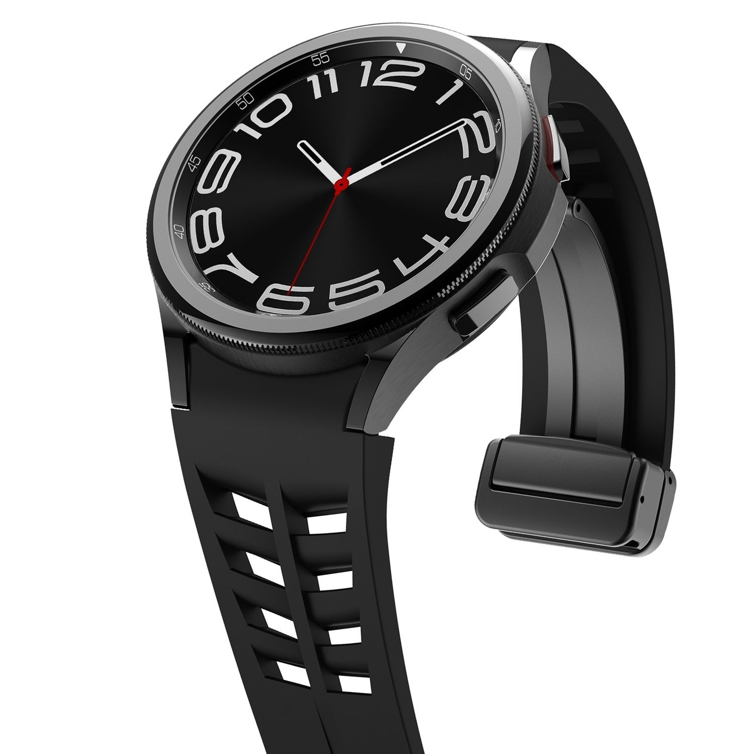 Schwarze Smartwatch mit schwarzem Armband. Nahaufnahme der Uhr in einem Winkel.