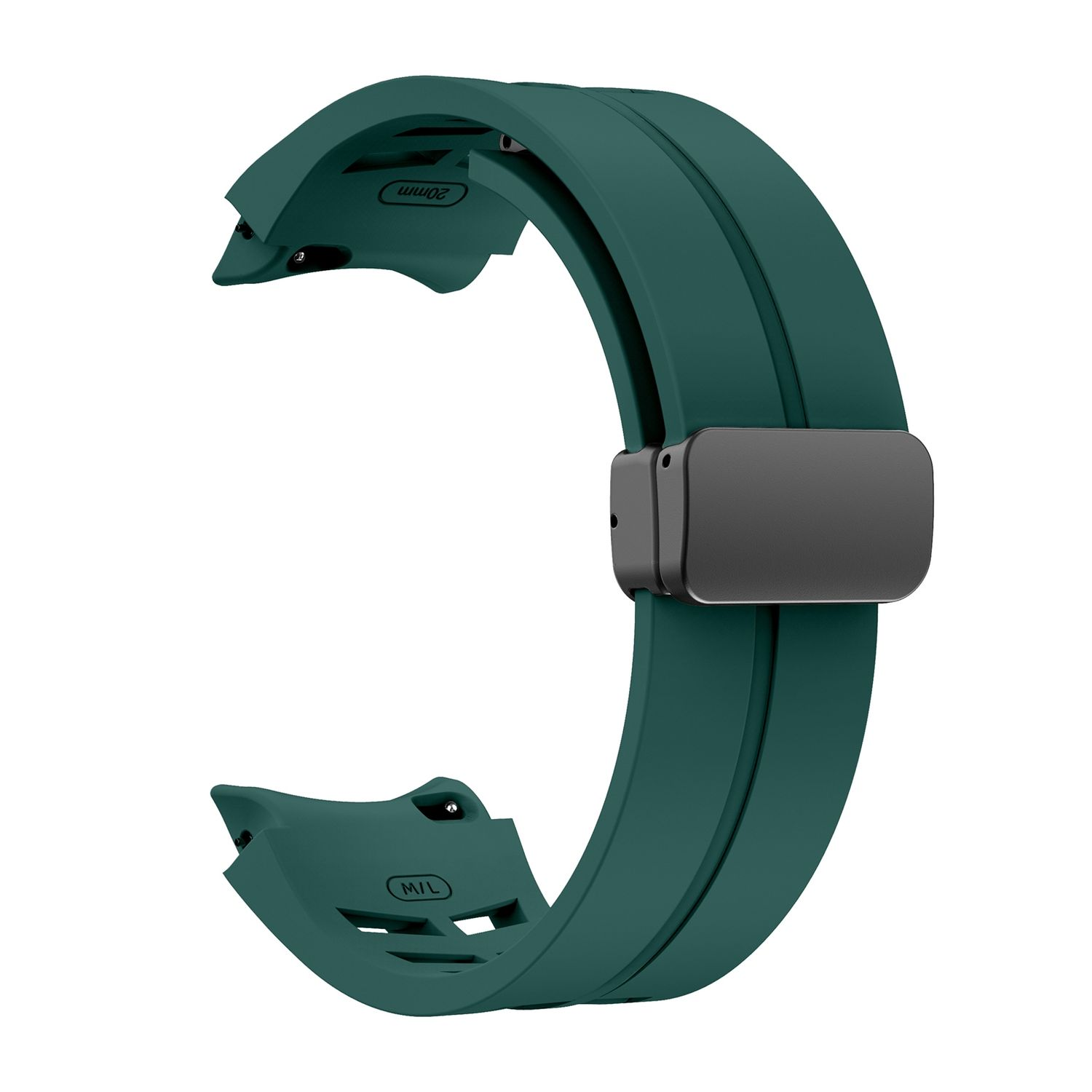 Grünes Uhrenarmband mit Magnetverschluss. Die Rückseite der Uhr ist sichtbar.