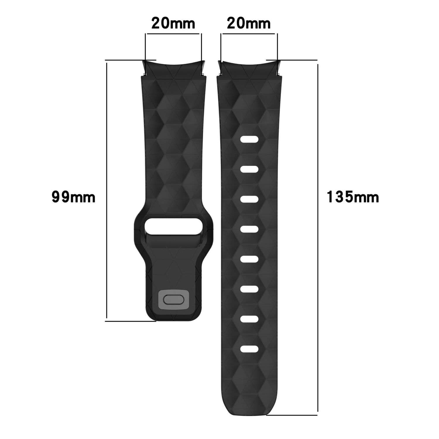 Zwei Uhrenarmbänder, schwarz mit Diamantmuster, mit Abmessungen und Maßen in mm.