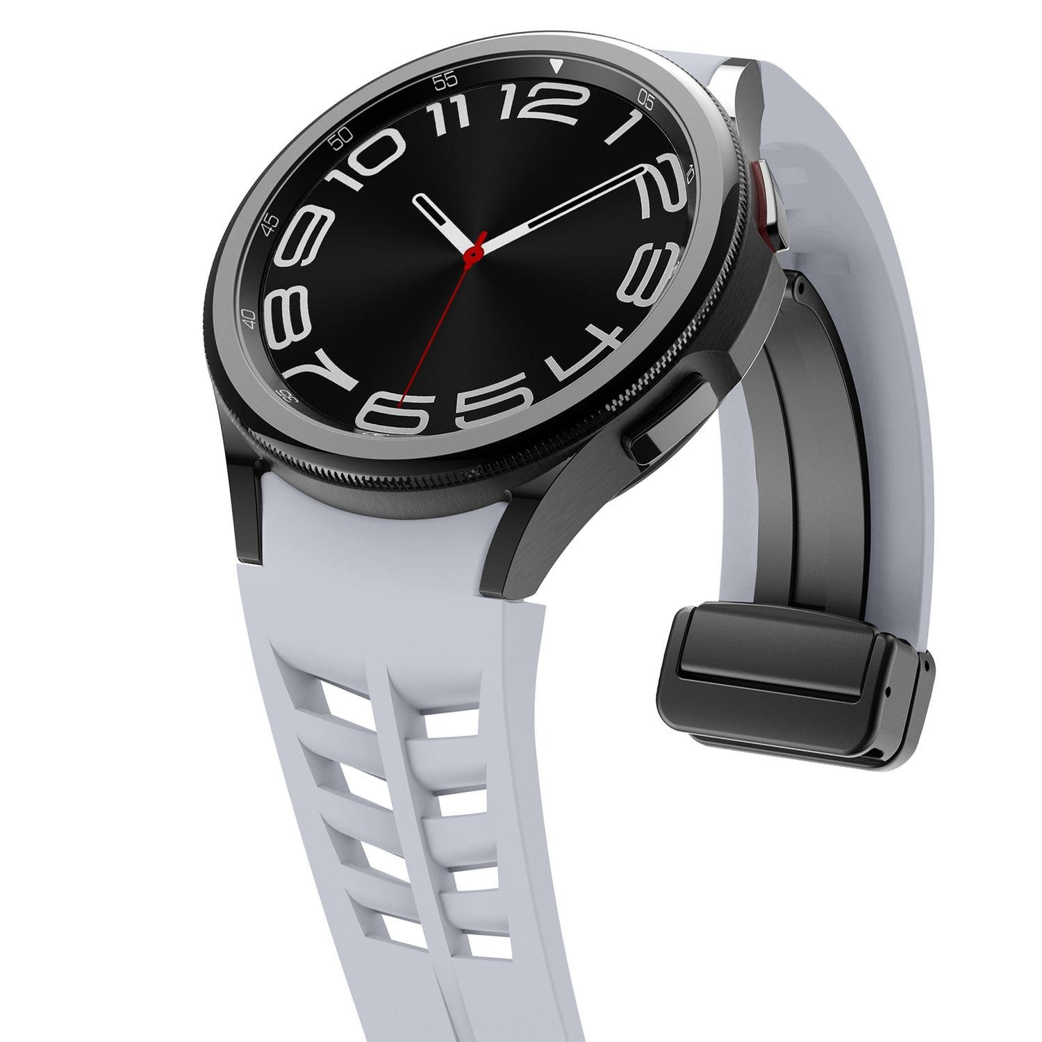 Smartwatch mit schwarzem Zifferblatt, weißem Armband und silbernen Details. Digitale Zeitanzeige.