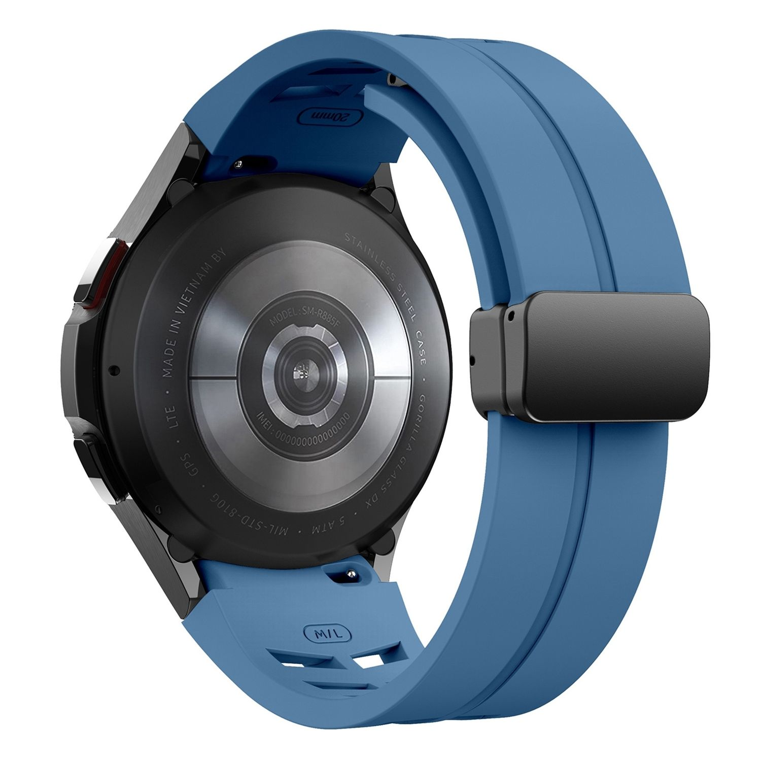 Schwarze Smartwatch mit blauem Band. Rückseite mit Details, rotes Gehäuse.