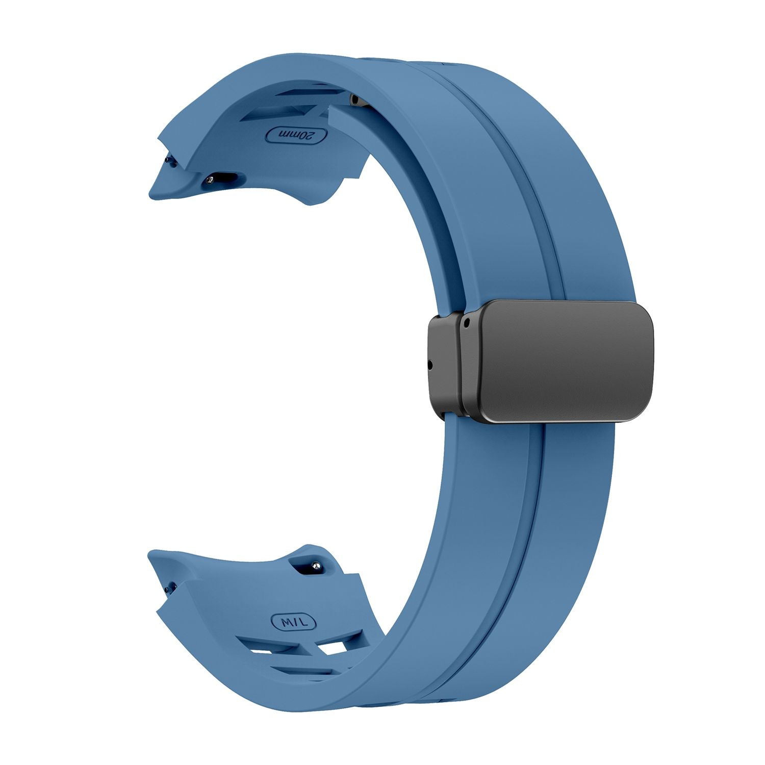 Blaues Uhrenarmband mit schwarzem Verschluss, gebogene Form.