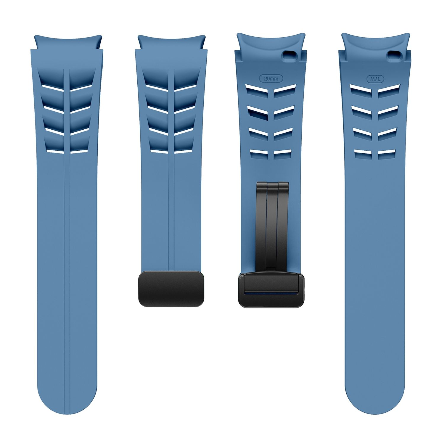 Vier blaue Smartwatch-Armbänder mit einer Schließe, die verschiedene Designelemente zeigen.