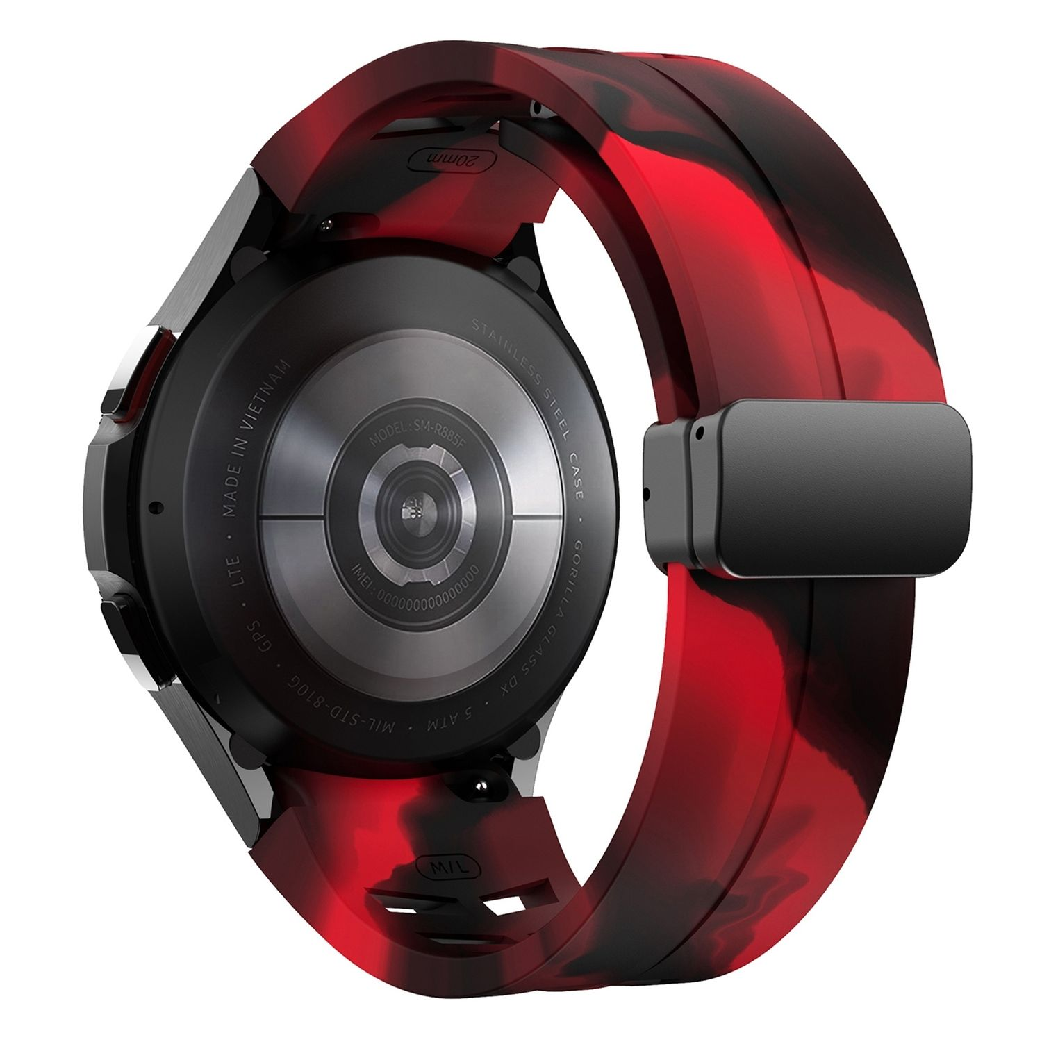 Schwarze und rote Smartwatch mit Armband, zeigt Rück- und Seitenansicht.