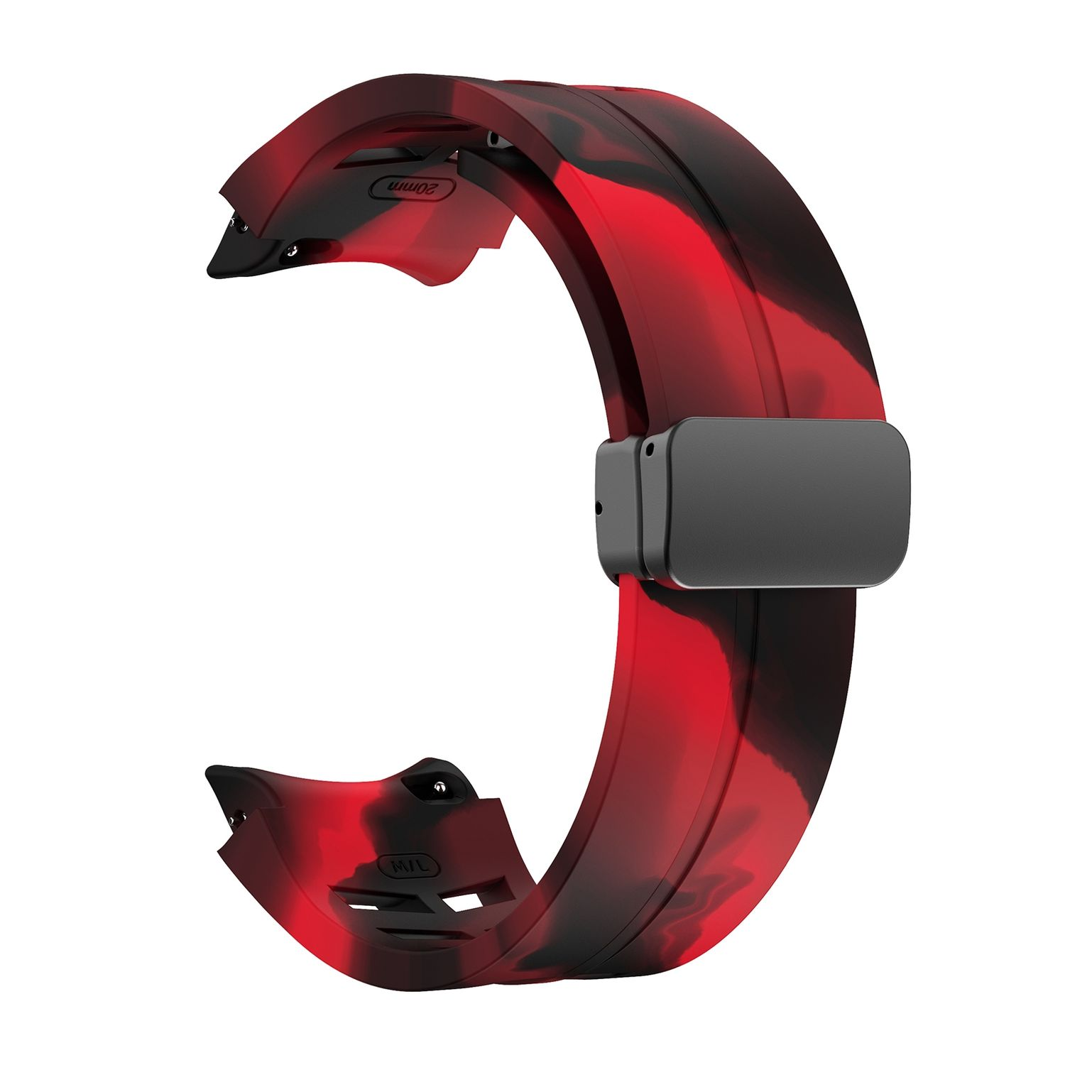 Rotes und schwarzes Uhrenarmband. Das Armband hat 20mm Text an der Seite. Weißer Hintergrund.