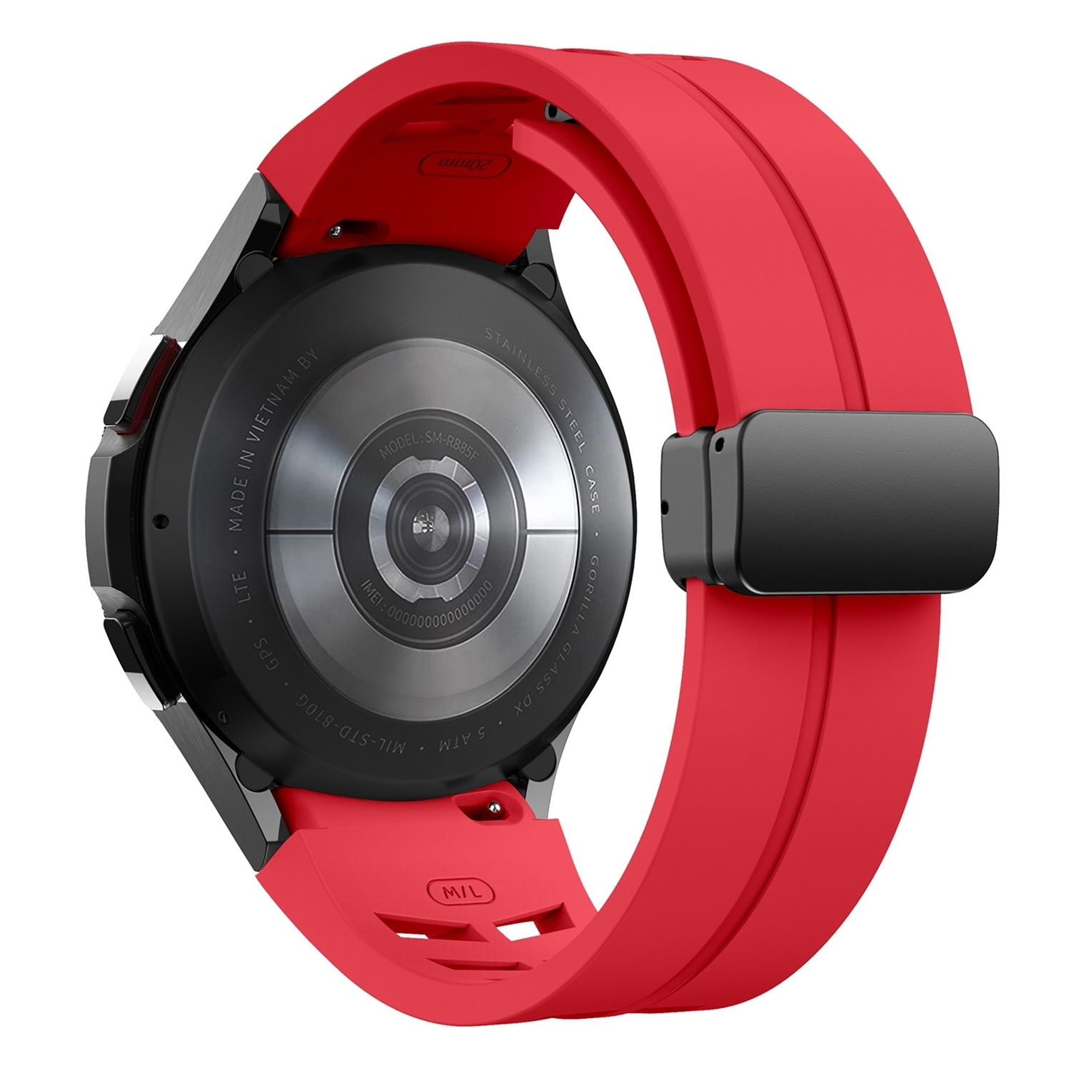 Rückansicht einer Smartwatch mit rotem Armband. Die Uhr hat ein schwarzes Zifferblatt und einen Metallrücken.