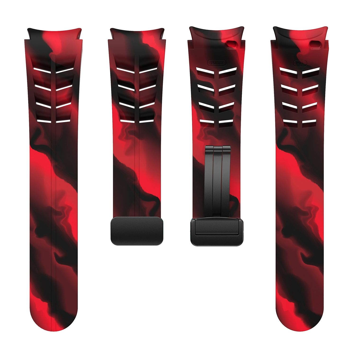 Rotes und schwarzes Uhrenarmband, vier Ansichten, abstraktes Muster, weißer Hintergrund.