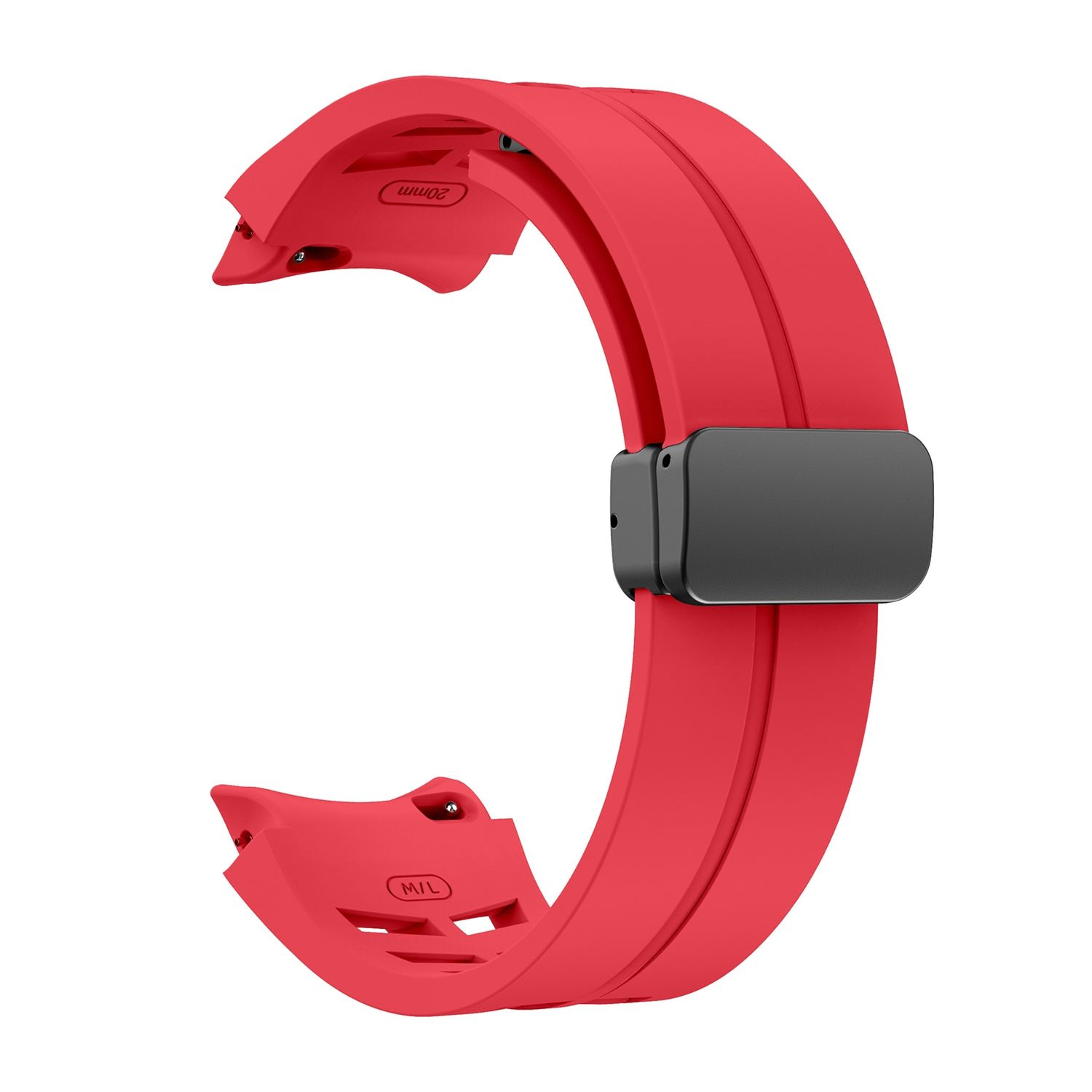 Rotes Uhrenarmband mit schwarzem Verschluss. Das Band ist gebogen.