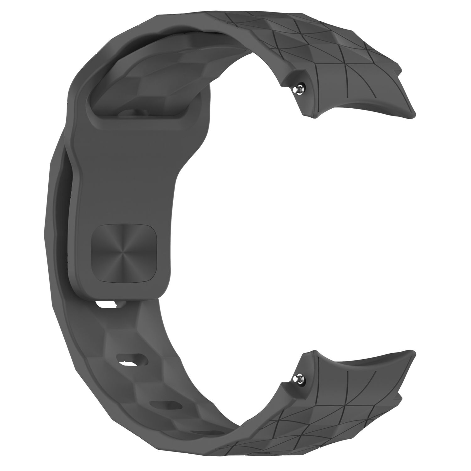 Graues Uhrenarmband mit geometrischem Muster auf weißem Hintergrund.