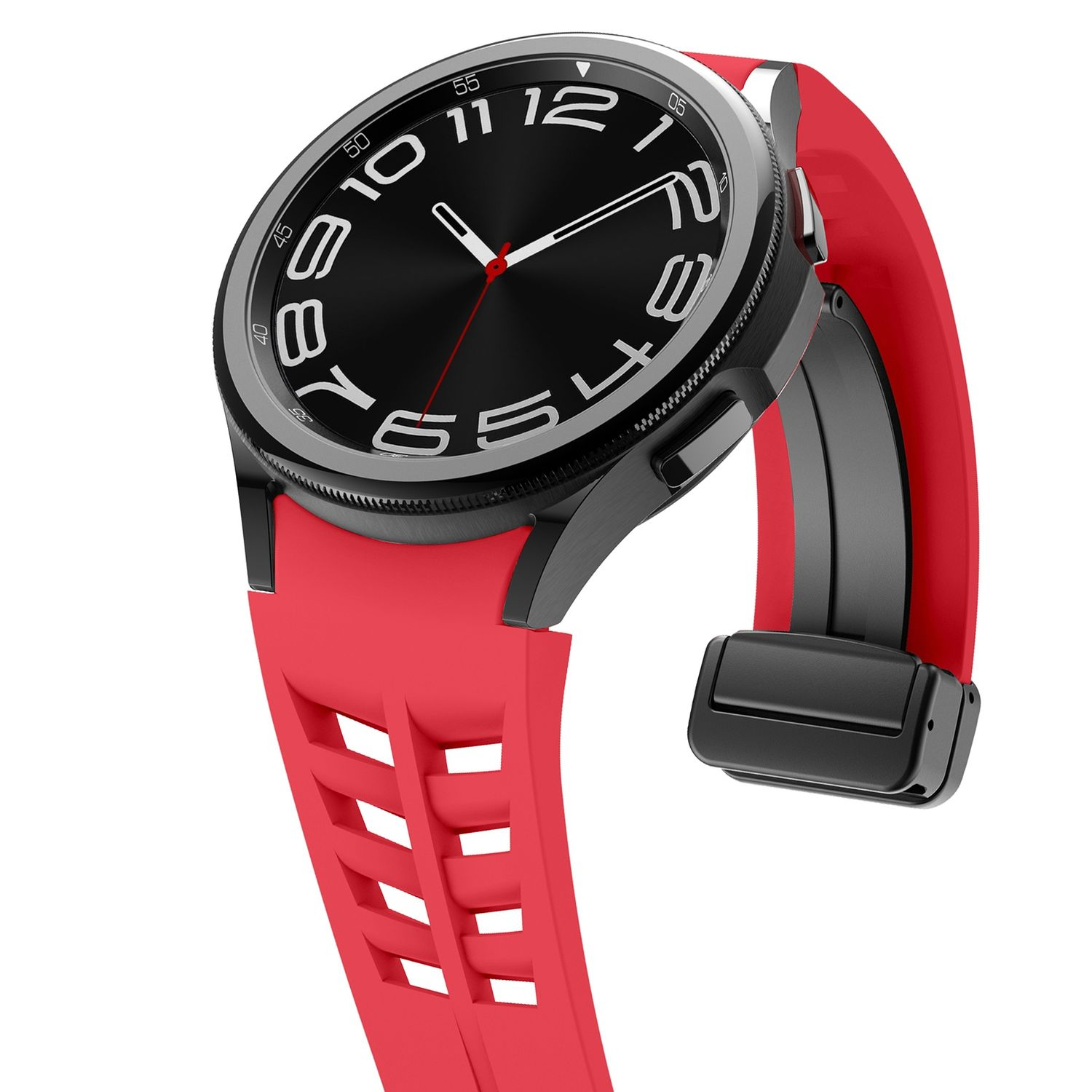Nahaufnahme einer schwarzen und roten Smartwatch mit rotem Armband.