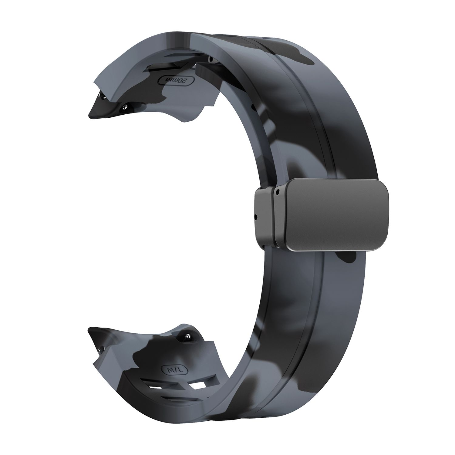 Schwarzes und graues Uhrenarmband. Hintergrund: weiße Oberfläche.