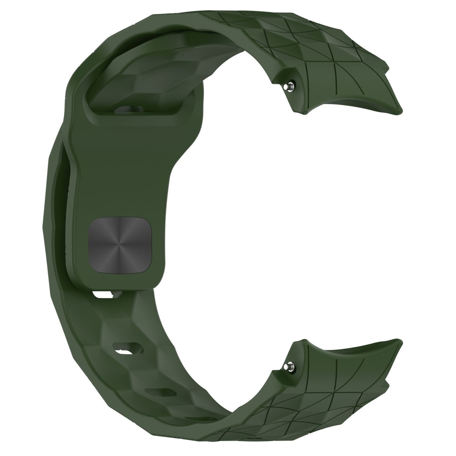 Olivgrünes Uhrenarmband mit strukturierter Oberfläche und gebogener Form.