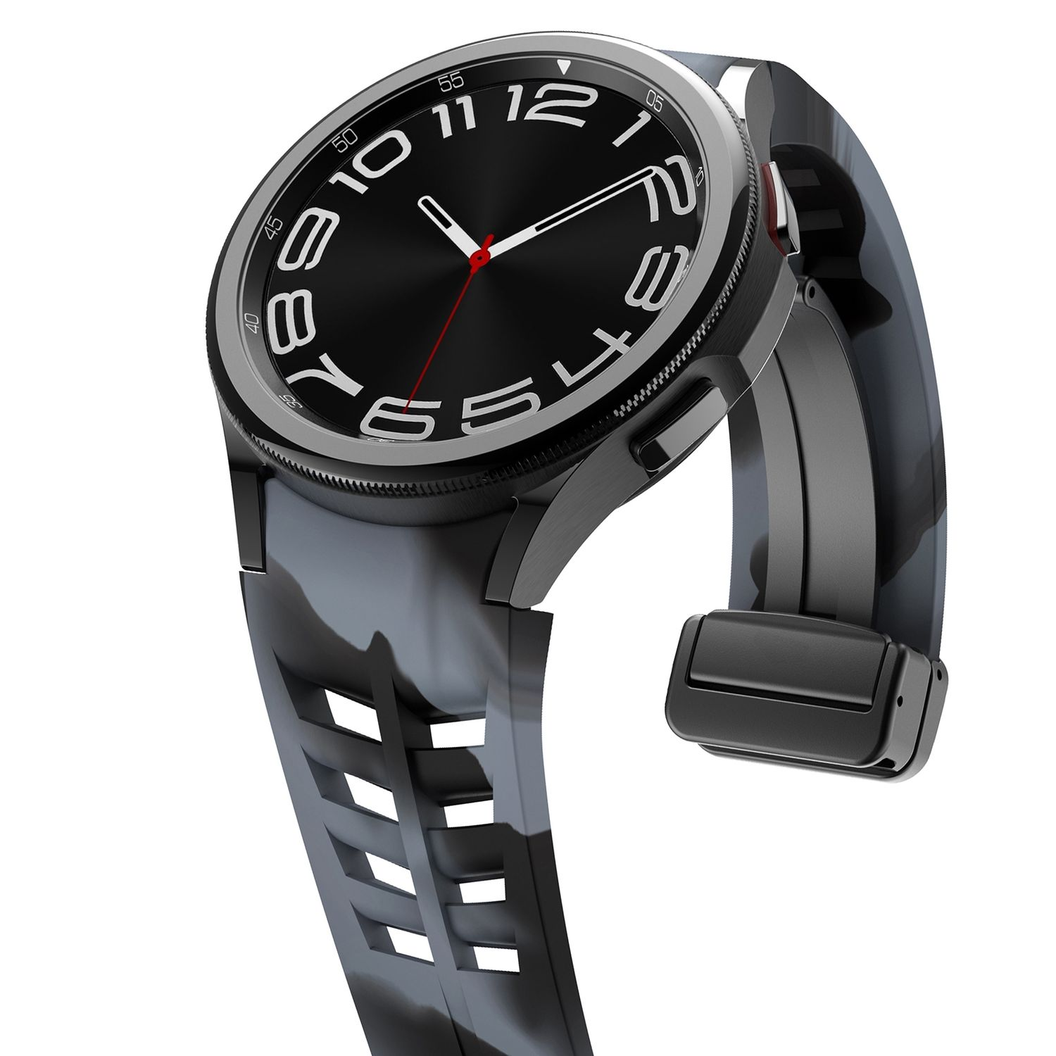 Schwarze Smartwatch mit schwarz-grauem Camo-Armband. Es hat ein schwarzes Zifferblatt mit weißen Zahlen und einem roten Sekundenzeiger.