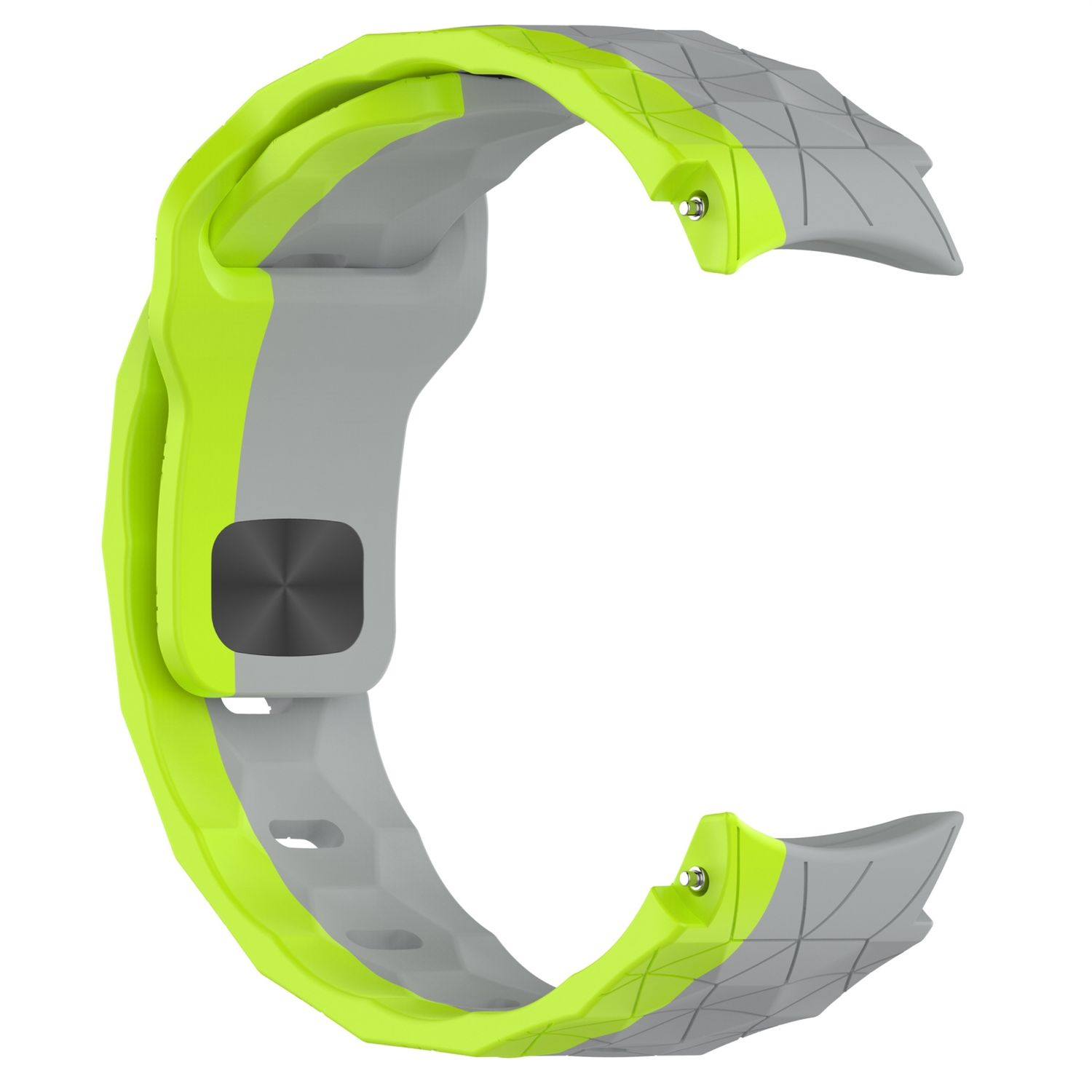 Hellgrünes und graues Uhrenarmband. Hat eine quadratische Schnalle mit dem Uhrenarmband in der Mitte des Bildes.