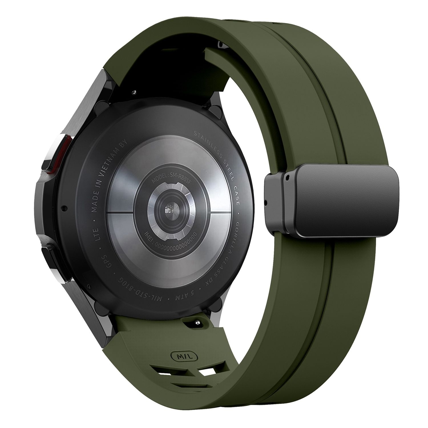 Rückansicht einer Smartwatch mit grünem Armband vor weißem Hintergrund.