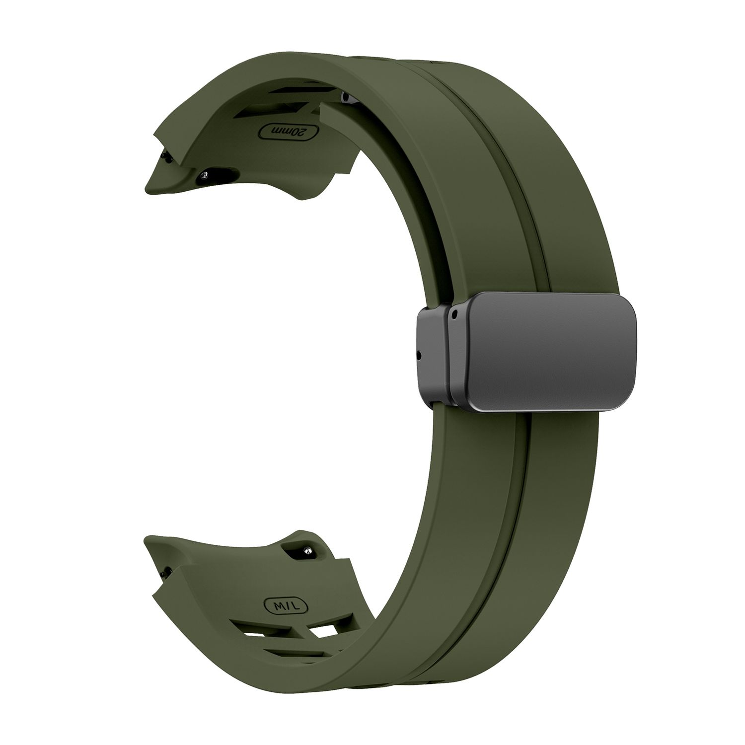 Ein Uhrenarmband in Olivgrün mit einer schwarzen Schnalle wird gezeigt.