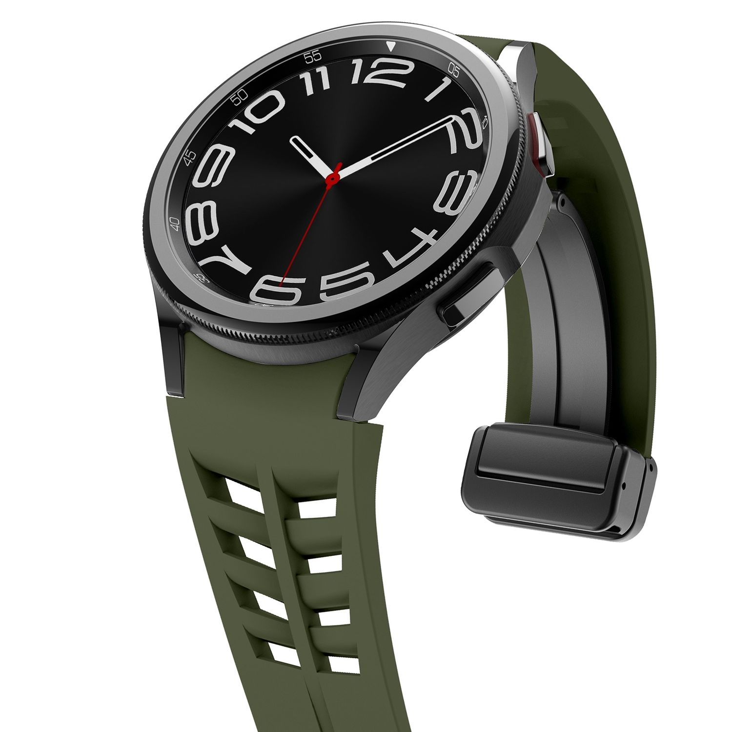 Grüne Smartwatch mit schwarzer Lünette und Armband. Das Zifferblatt ist schwarz mit weißen Zahlen.