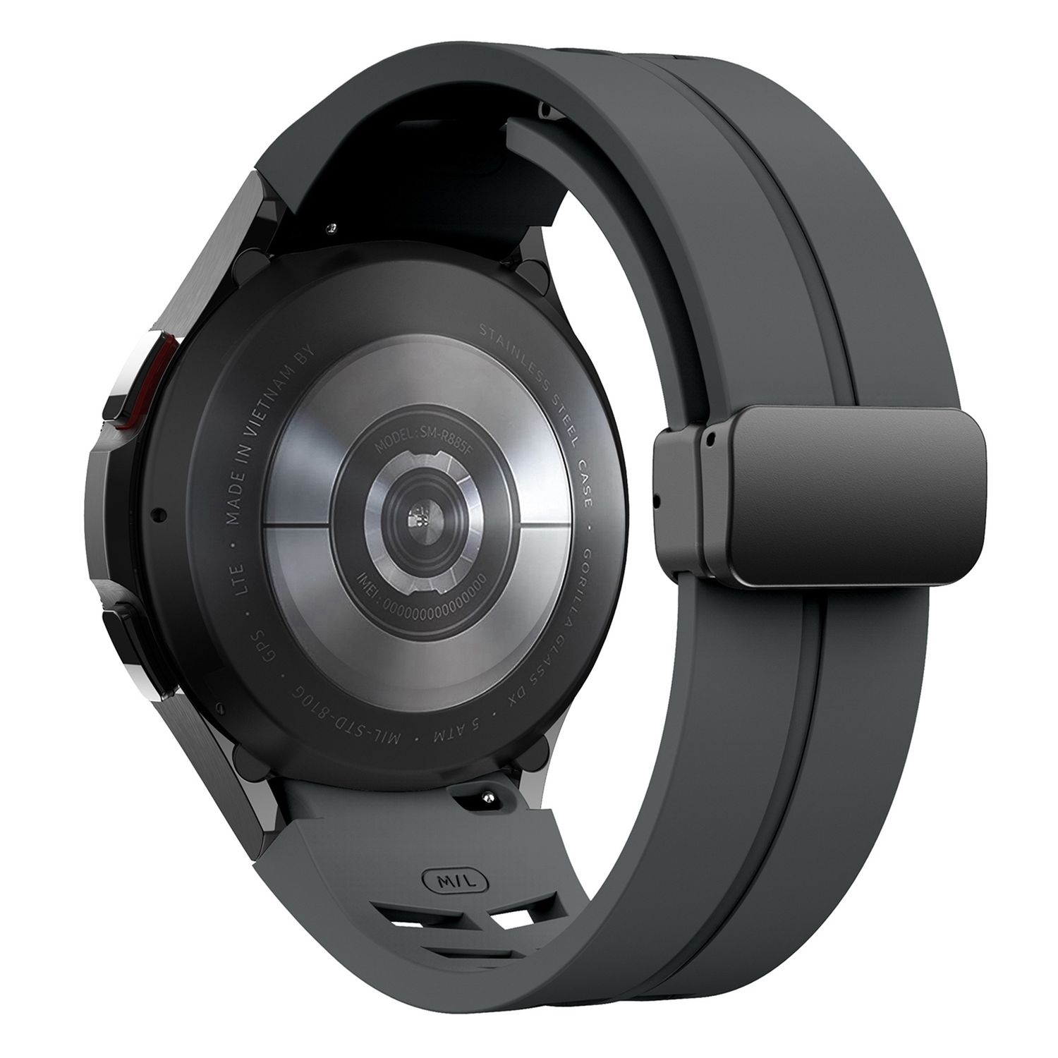 Die Rückseite einer dunkelgrauen Smartwatch. Schwarzes Armband. Edelstahlrückseite, mit Text.