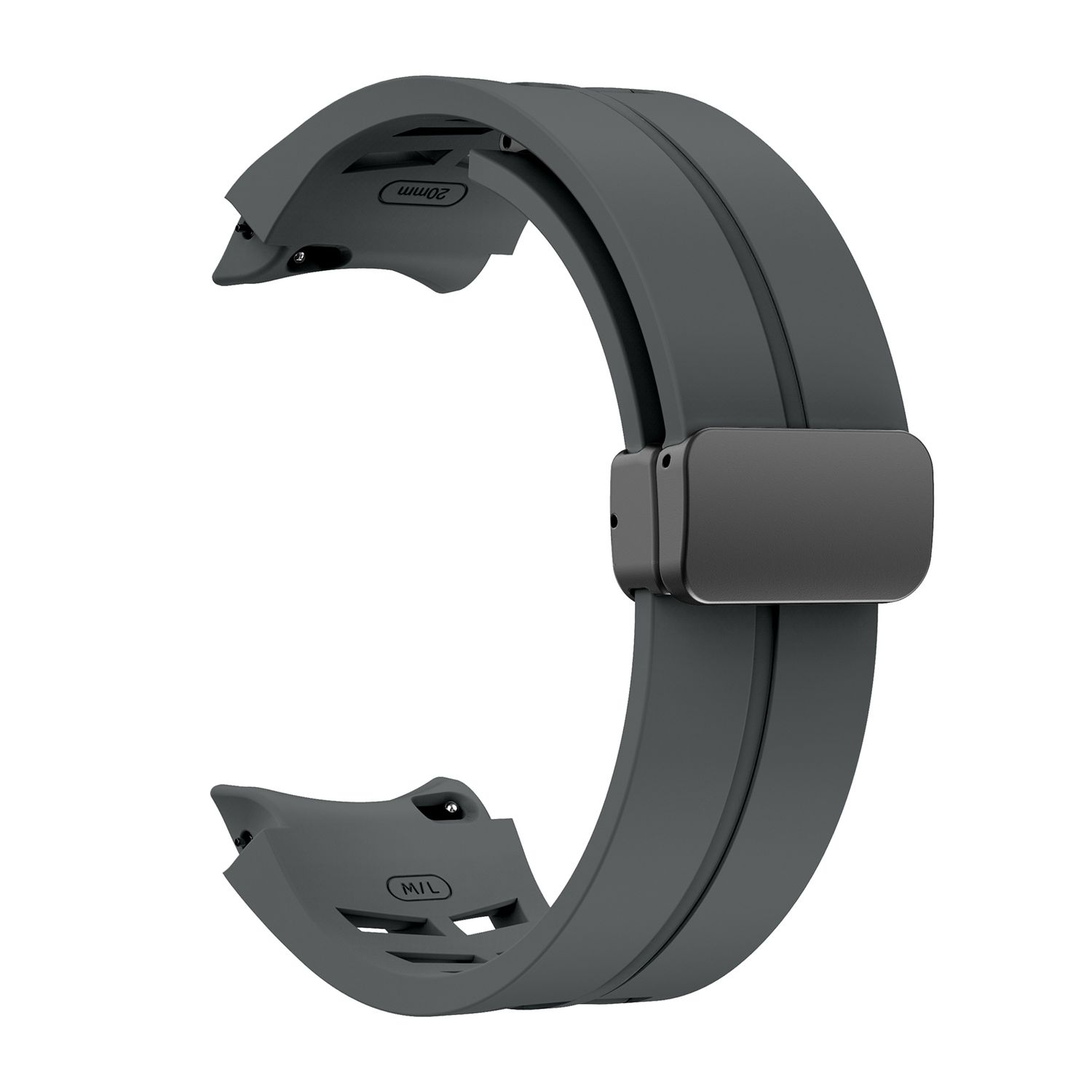 Graues Uhrenarmband mit schwarzem Verschluss. Weißer Hintergrund.