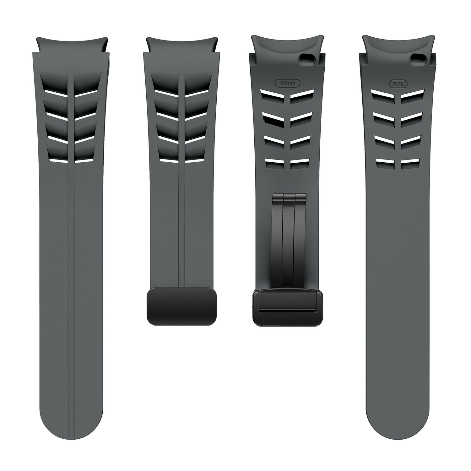 Vier graue Uhrenarmbänder. Verschiedene Teile des Armbands und der Schließe in einer Studioaufnahme.
