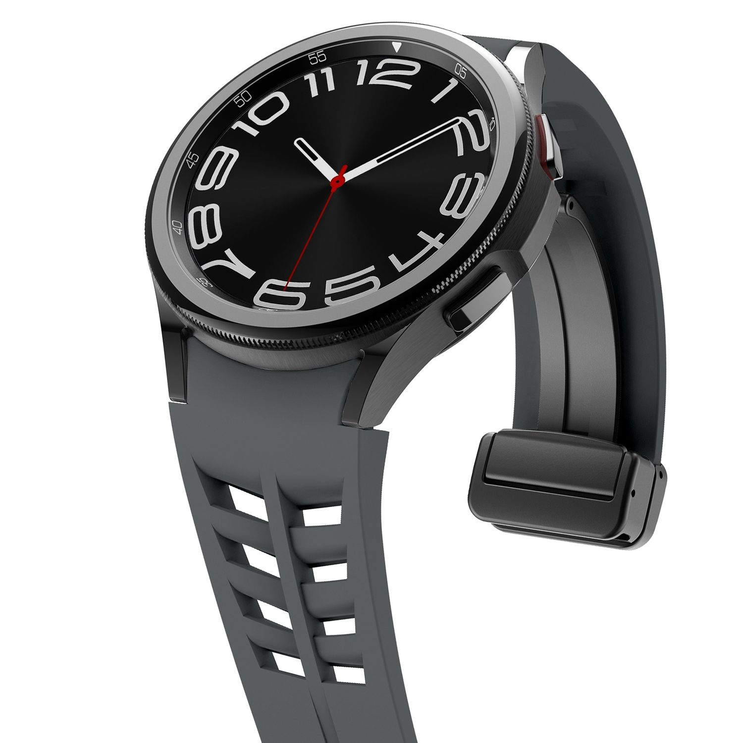 Schwarze Smartwatch mit grauem Armband. Sie hat ein schwarzes Zifferblatt mit weißen Zahlen.