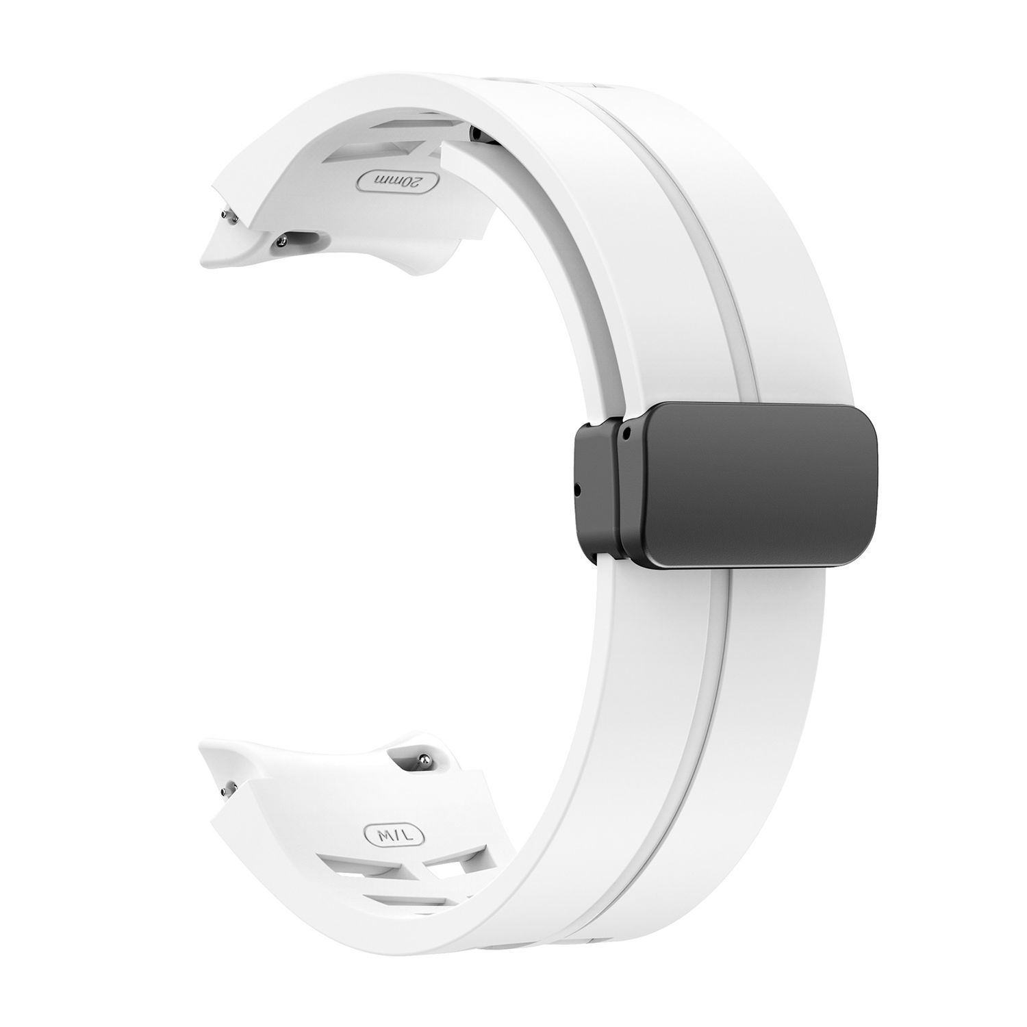 Ein weißes und schwarzes Smartwatch-Armband mit schwarzem Verschluss, vor weißem Hintergrund.