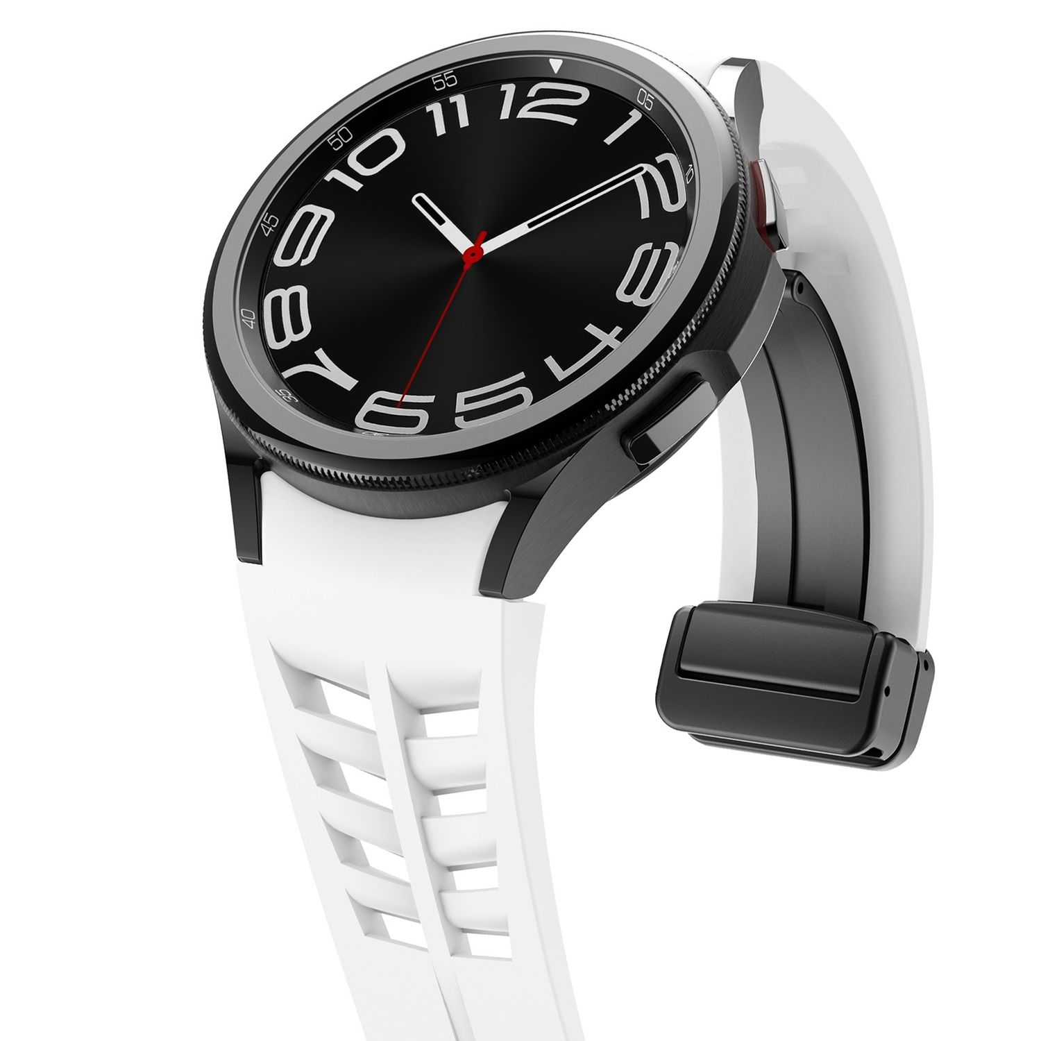 Eine schwarze Smartwatch mit weißem Armband. Das Zifferblatt ist schwarz mit weißen Zahlen und Zeigern.