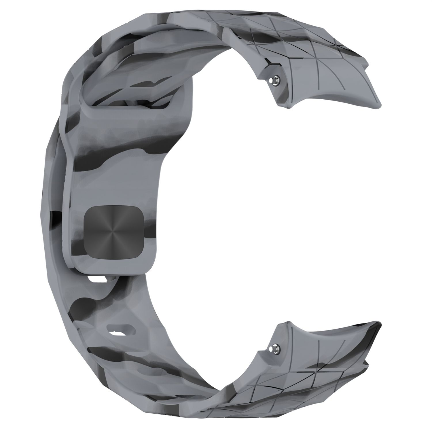 Graues Uhrenarmband, gebogen, mit schwarzen Details. Es gibt Befestigungspunkte.