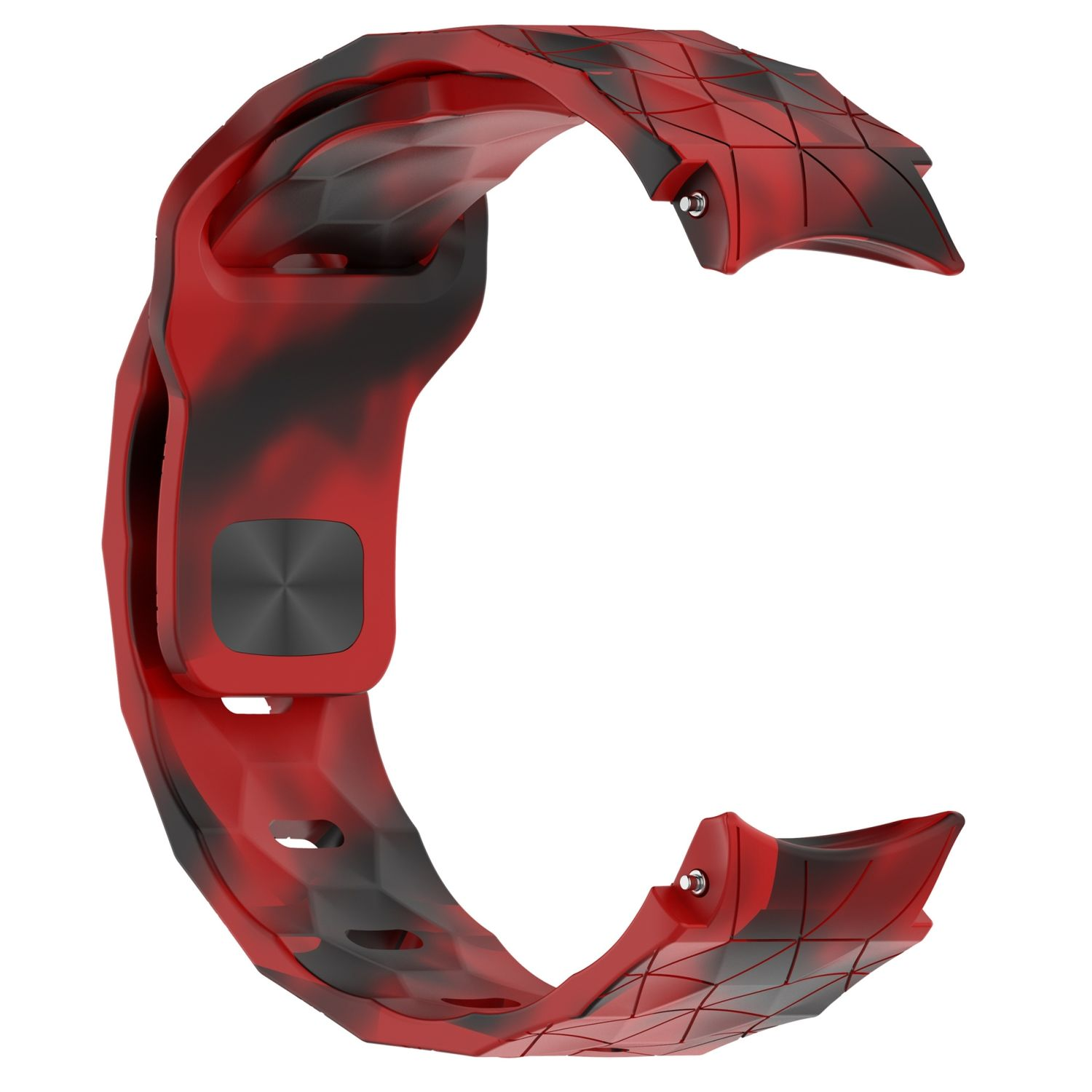Rotes und schwarzes Uhrenarmband mit geometrischem Muster.