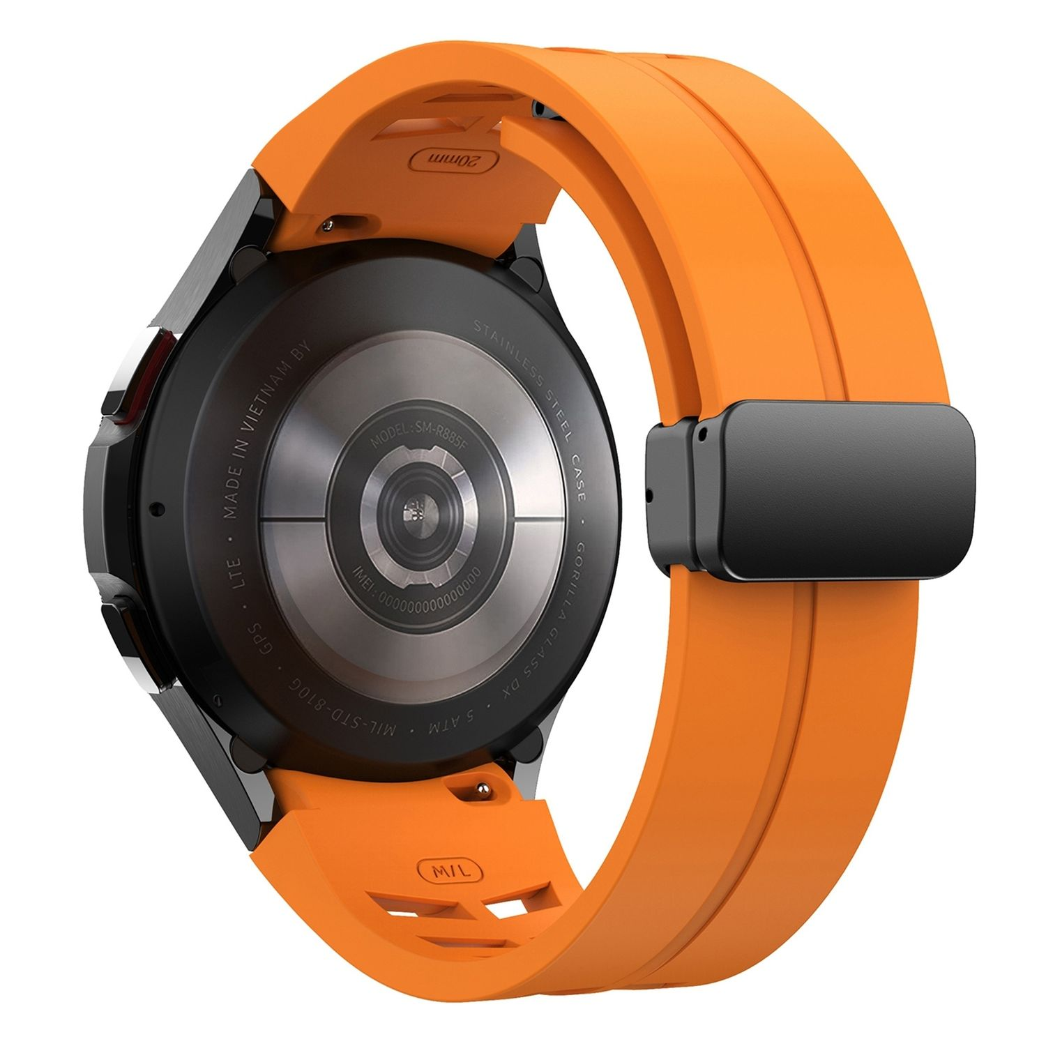 Oranges Uhrenarmband an einer schwarz-silbernen Uhr befestigt.