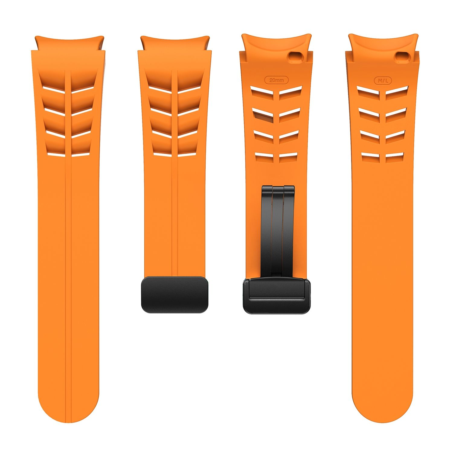 Vier orangefarbene Uhrenarmbänder in verschiedenen Positionen, die Details zeigen.