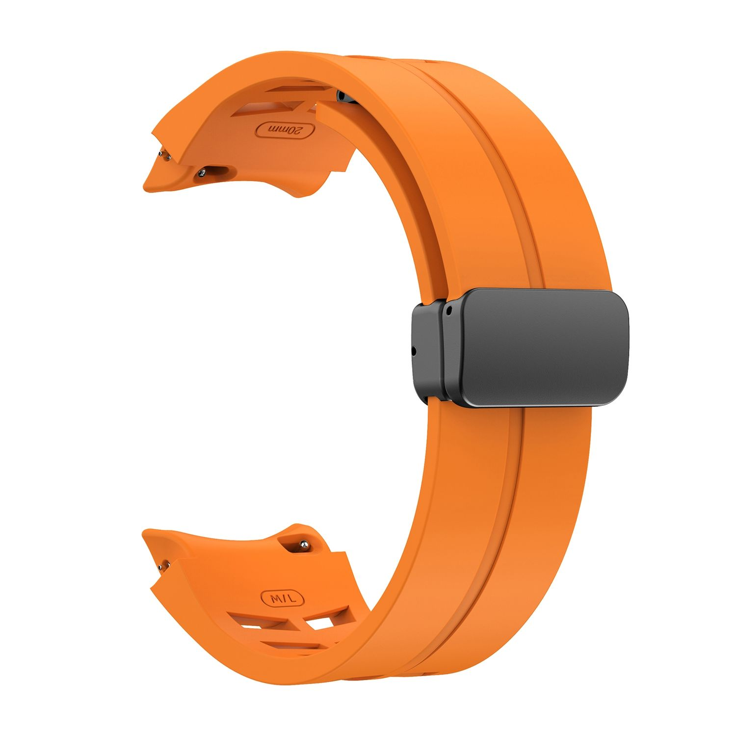 Oranges Uhrenarmband mit schwarzem Verschluss. Das Band ist gebogen und hat ein mattes Finish. Nahaufnahme.