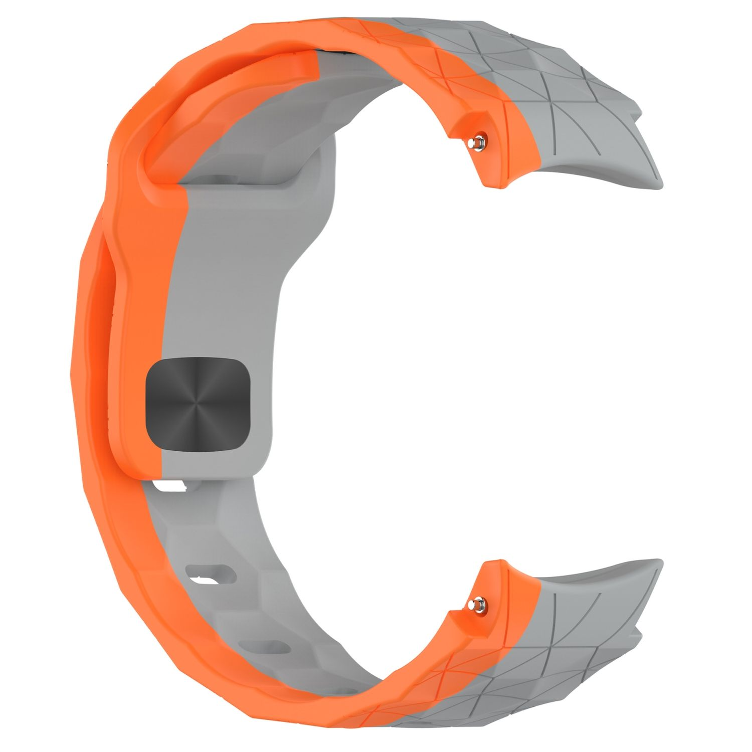 Ein orangefarbenes und graues Uhrenarmband. Das Armband hat ein strukturiertes Design.