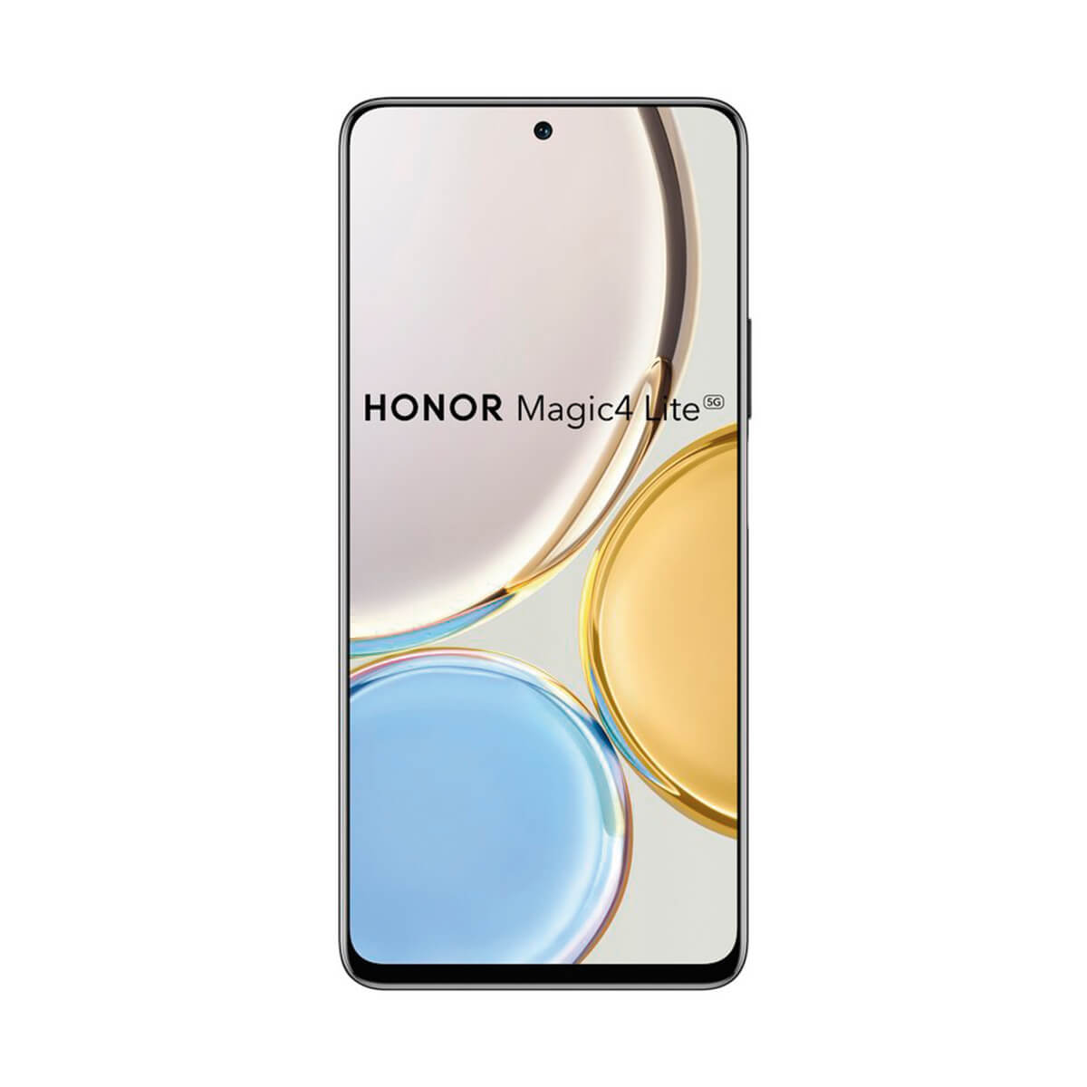 È presentato lo smartphone HONOR Magic4 Lite 5G, lo schermo è acceso. Il telefono è nero.