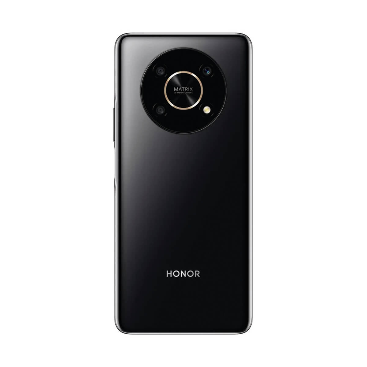 Il retro di uno smartphone HONOR nero con un modulo fotocamera circolare.